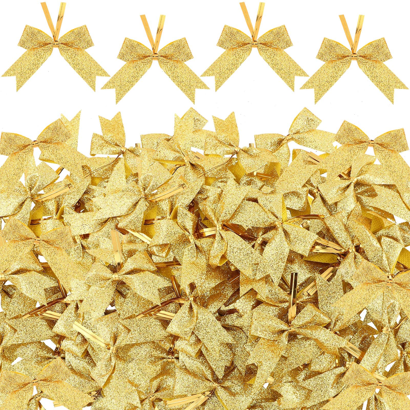 100 Pieces 2 Inch Christmas Ribbon Bows - Glitter Twist Tie Pretied Mini Bows for DIY Crafts, Sewing, Scrapbooking, Wedding Gifts & Holiday Decorations (Gold) - Perfect for Tree Ornaments, Gift Wrapping & Party Decor
