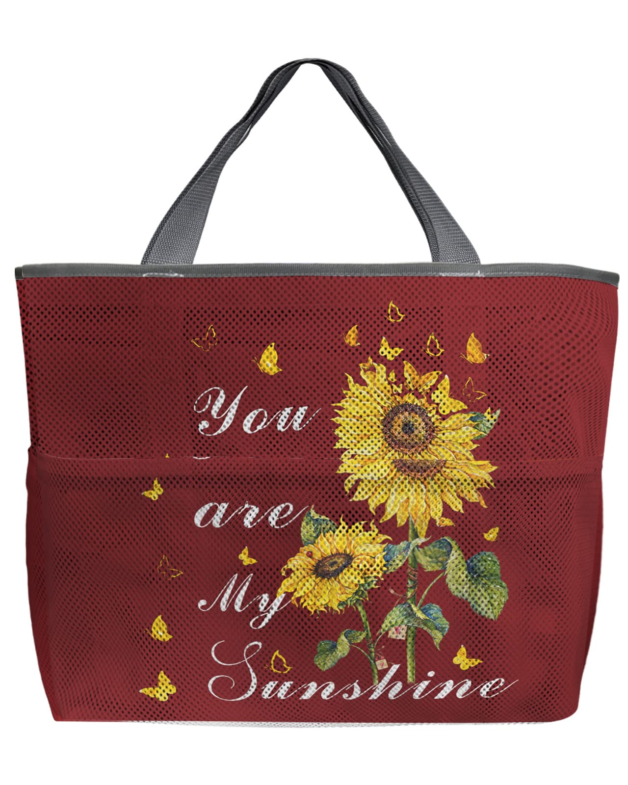 Sunflower Butterfly Mesh Beach Tote Bag - 60L Oversized Quick-Dry Swim Bag with Pockets, Foldable & Lightweight (24