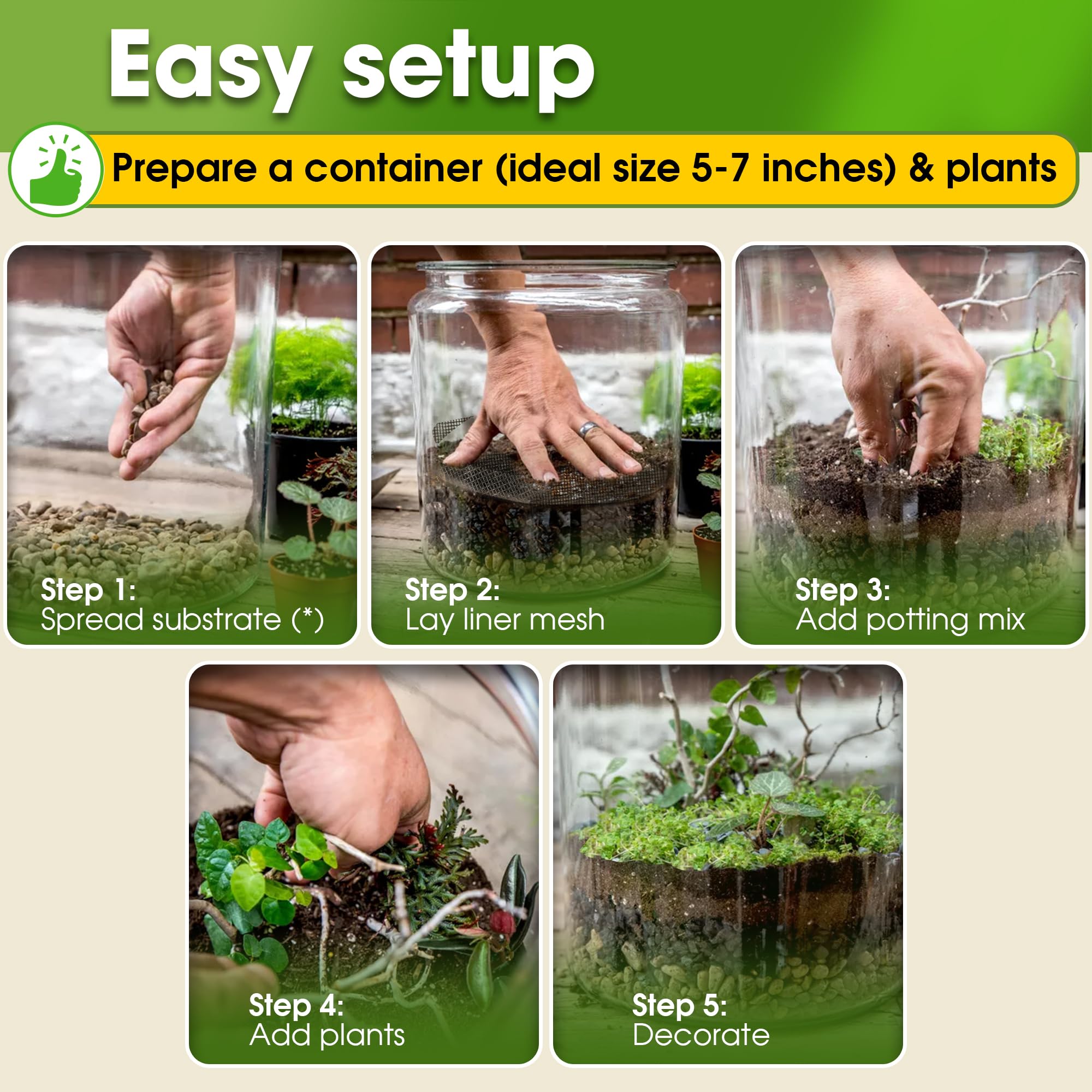 DUSPRO DIY Terrarium Kit - Complete Set with Potting Soil, Pumice, Zeolite, Moss, Decorative Stones & Tools - Perfect for Kids, Air Plants & Succulents | Create Your Own Mini Garden for Home Decor, Office Desk or Gift Idea