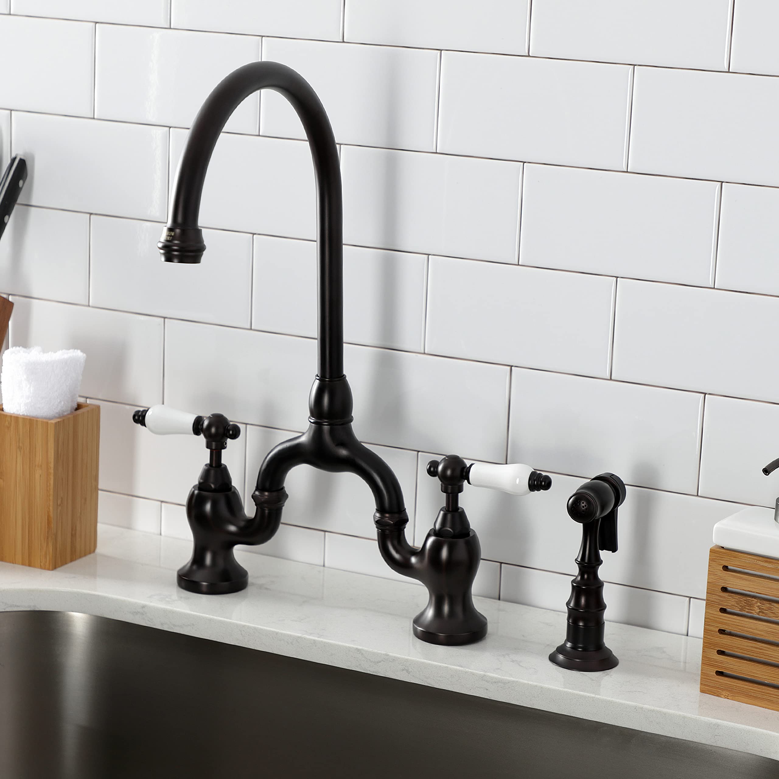 Kingston Brass KS7795PLBS English Country Bridge Kitchen Faucet with Brass Sprayer - Oil Rubbed Bronze Finish - 8 x 7.75 x 16.81 Inches - Perfect for Farmhouse, Cottage & Traditional Kitchen Sinks