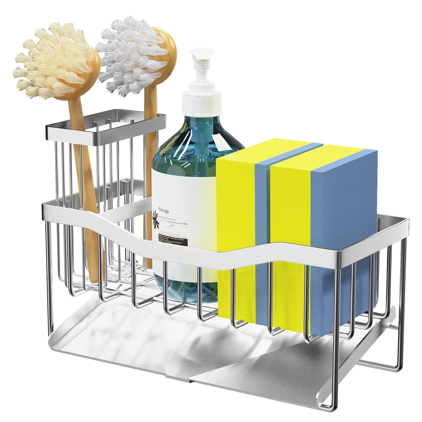 Stainless Steel Sink Caddy Organizer with Sponge & Brush Holder - Self-Draining Rustproof Kitchen Sink Tray for Sponge, Soap Dispenser Storage - Lacquer Silver | Perfect for Kitchen Countertop Organization & Dishwashing Station Accessories