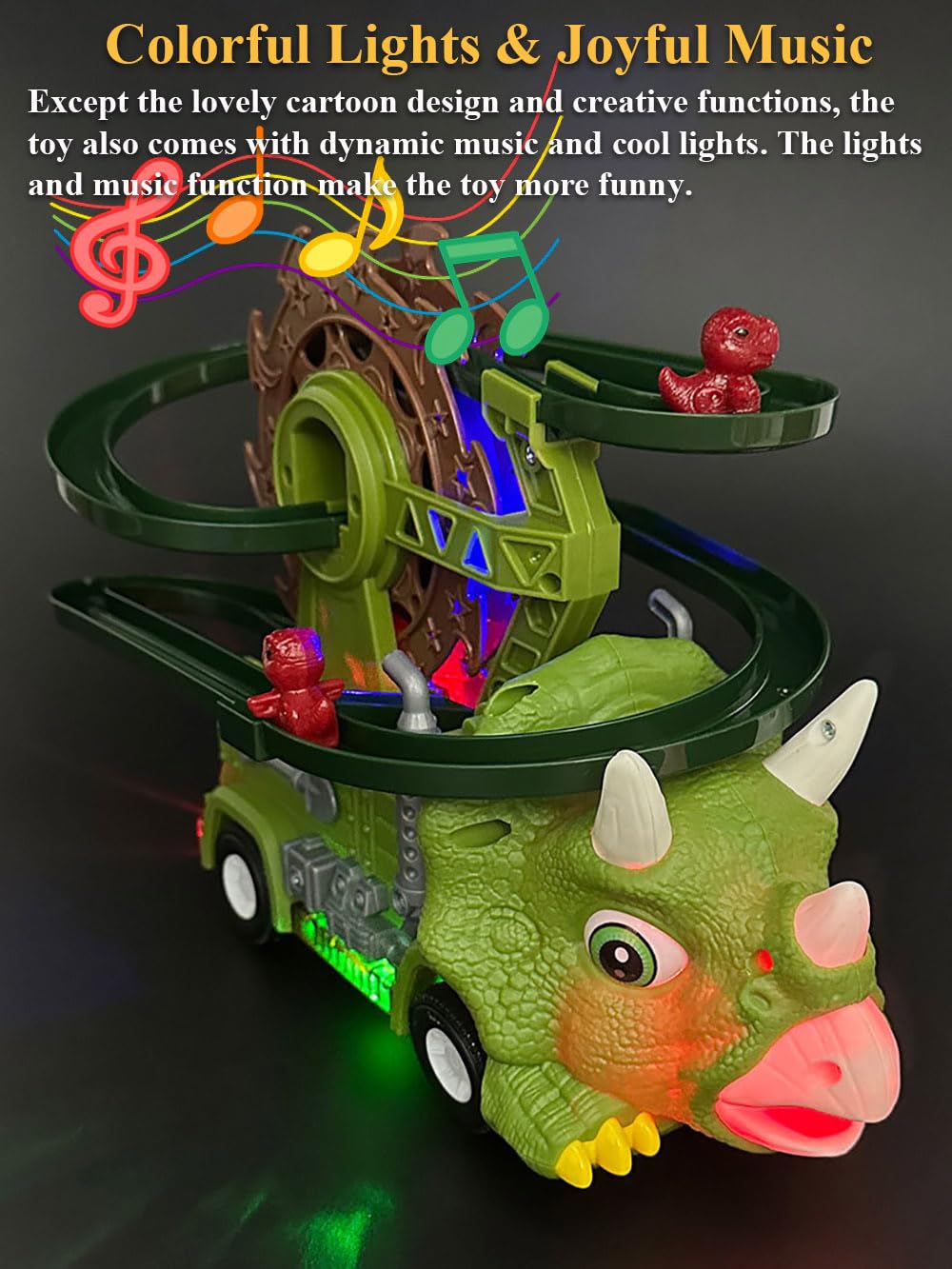 2 in 1 Dinosaur Slide Toy Set - Triceratops & T-Rex Automatic Sliding Track with Ferris Wheel & Race Truck - STEM Educational Toys for Kids Ages 3-8 - Perfect for Birthday Gifts & Indoor Playtime