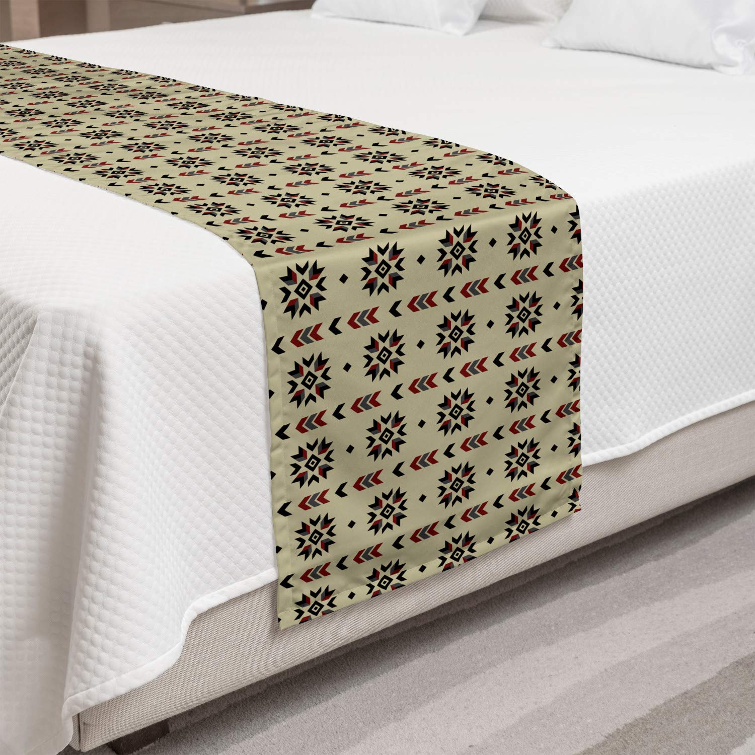 Ambesonne Ethnic Bed Runner - Chevron Geometric Floral Stripes Design, Decorative Bed Scarf for Hotels, Homes & Guest Rooms in Brown, Black & Maroon | Perfect for Bohemian Bedroom Decor & Luxury Hotel Styling