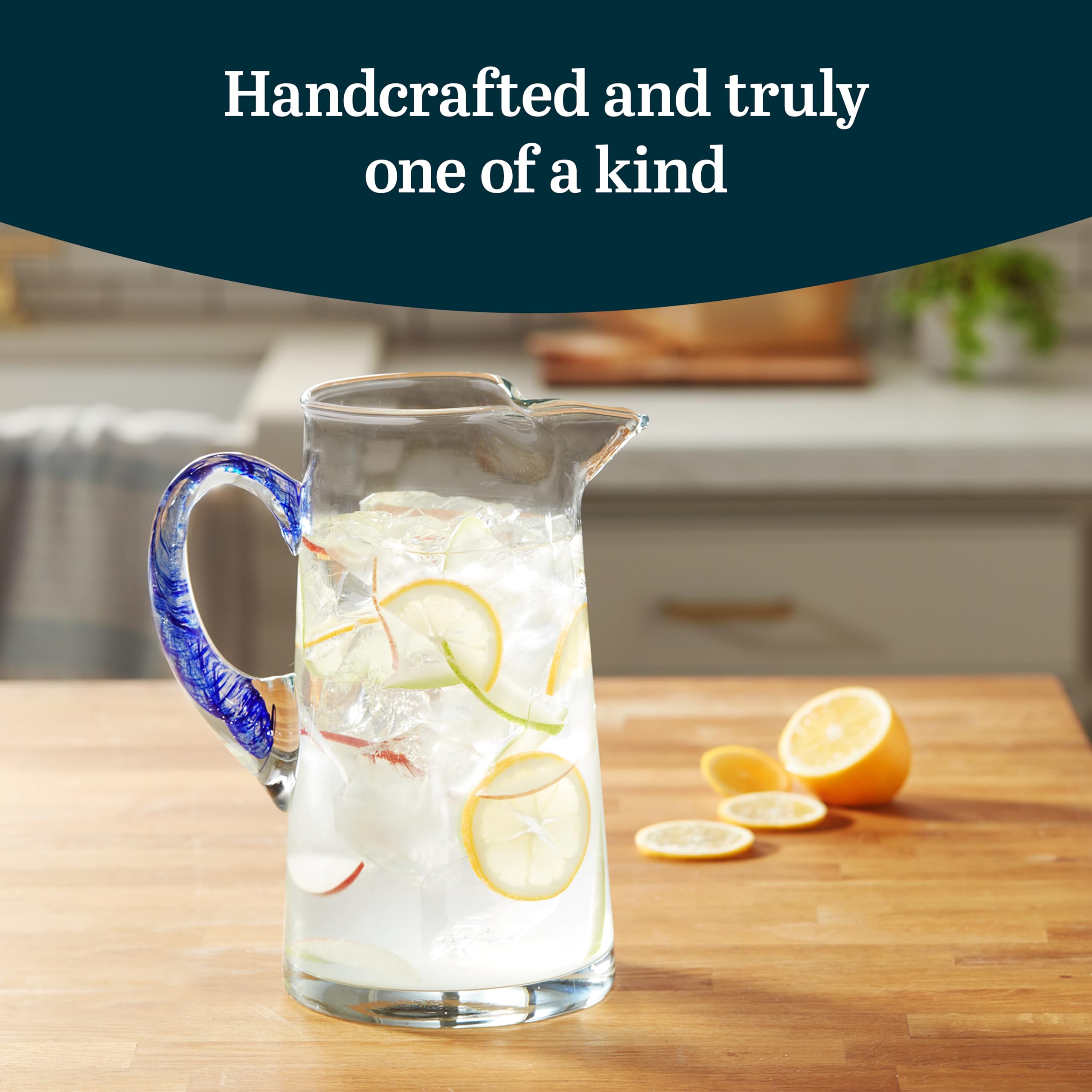 Libbey Cabos 90 Oz Large Glass Pitcher with Spout & Blue Handle - Handcrafted Artisan Water Carafe for Kitchen, Dining Table, Iced Tea & Lemonade Serving - BPA-Free Beverage Dispenser for Parties & Entertaining