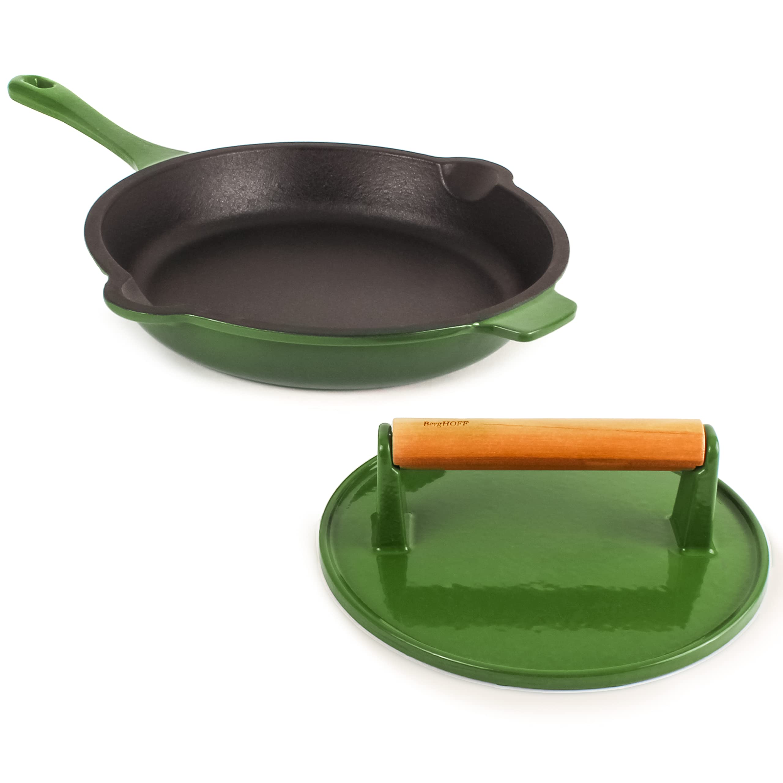 Berghoff 2-Piece Enameled Cast Iron Cookware Set - 10 Inch Fry Pan with Steak Press, Oven Safe to 400°F, Green - Perfect for Searing, Grilling & Baking at Home or Outdoor Cooking