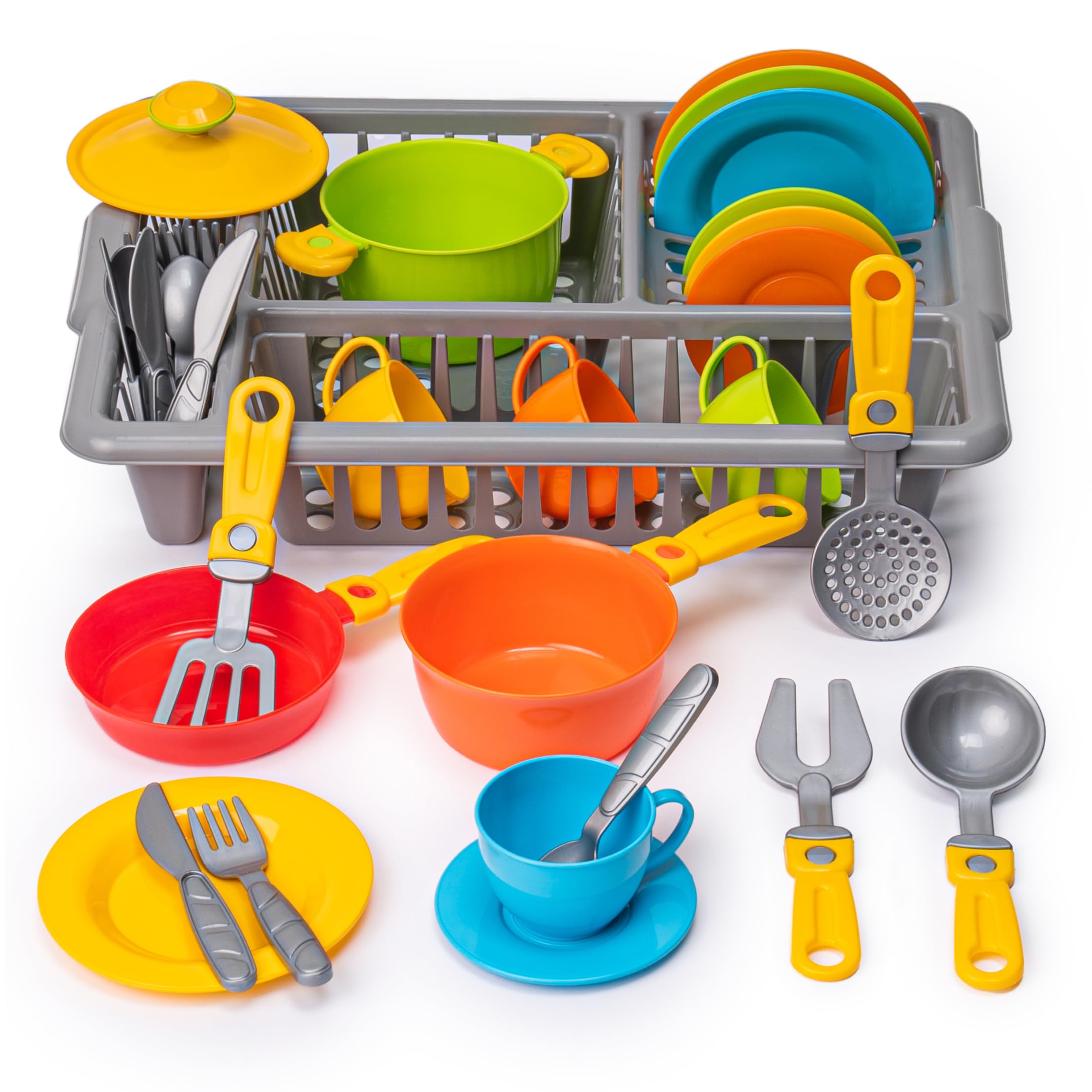 **Kids Pretend Play Kitchen Dishes Set - 33 Pcs Colorful Toy Cookware with Drainer | Durable Plastic Tableware for Kids | Perfect for Role Play, Learning & Imaginative Fun**