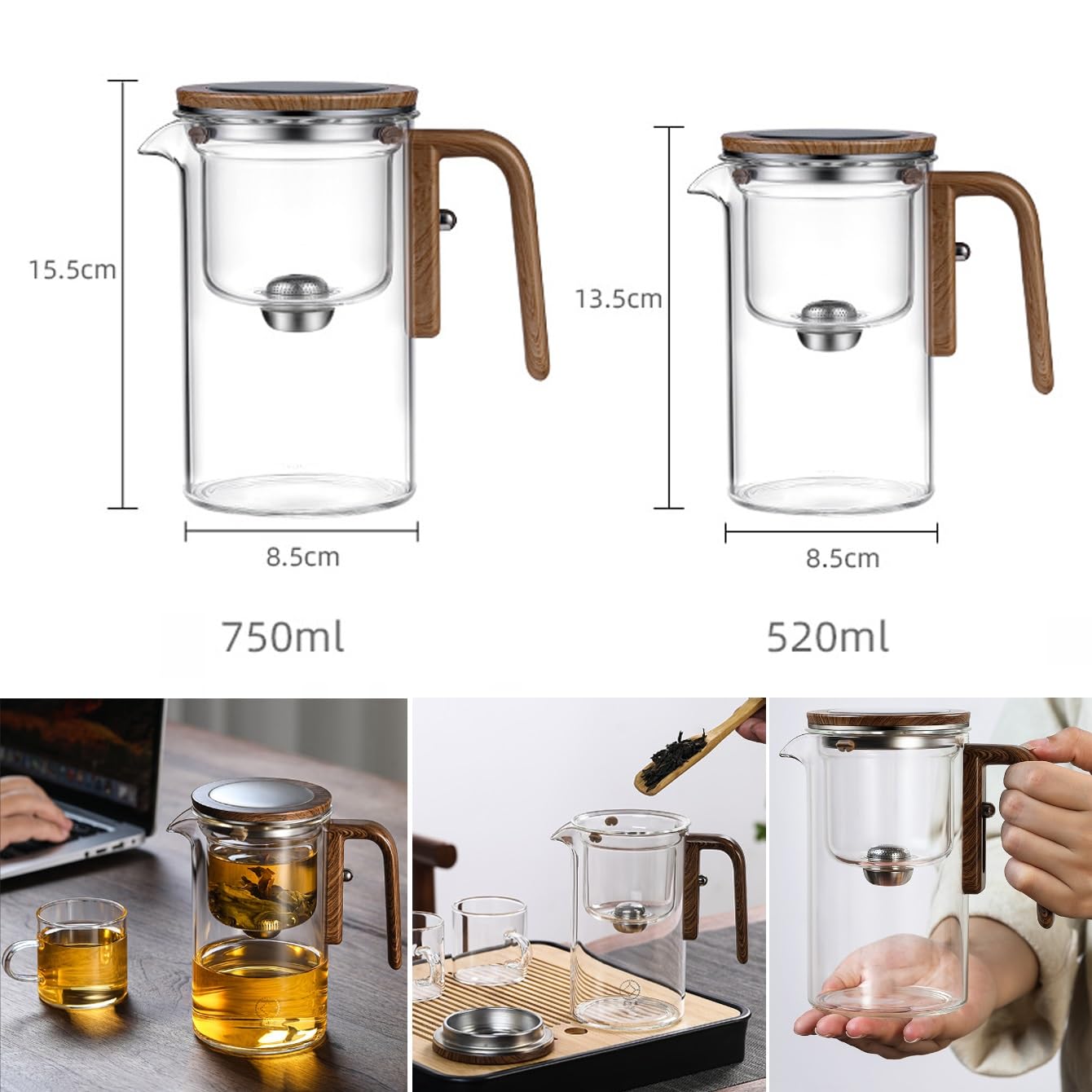 Premium Glass Teapot with Wooden Handle & Magnetic Filter - 520ml Dual Infuser Magic Teapot for Loose Leaf Tea | Perfect for Tea Ceremonies, Home Brewing & Witchcraft Rituals