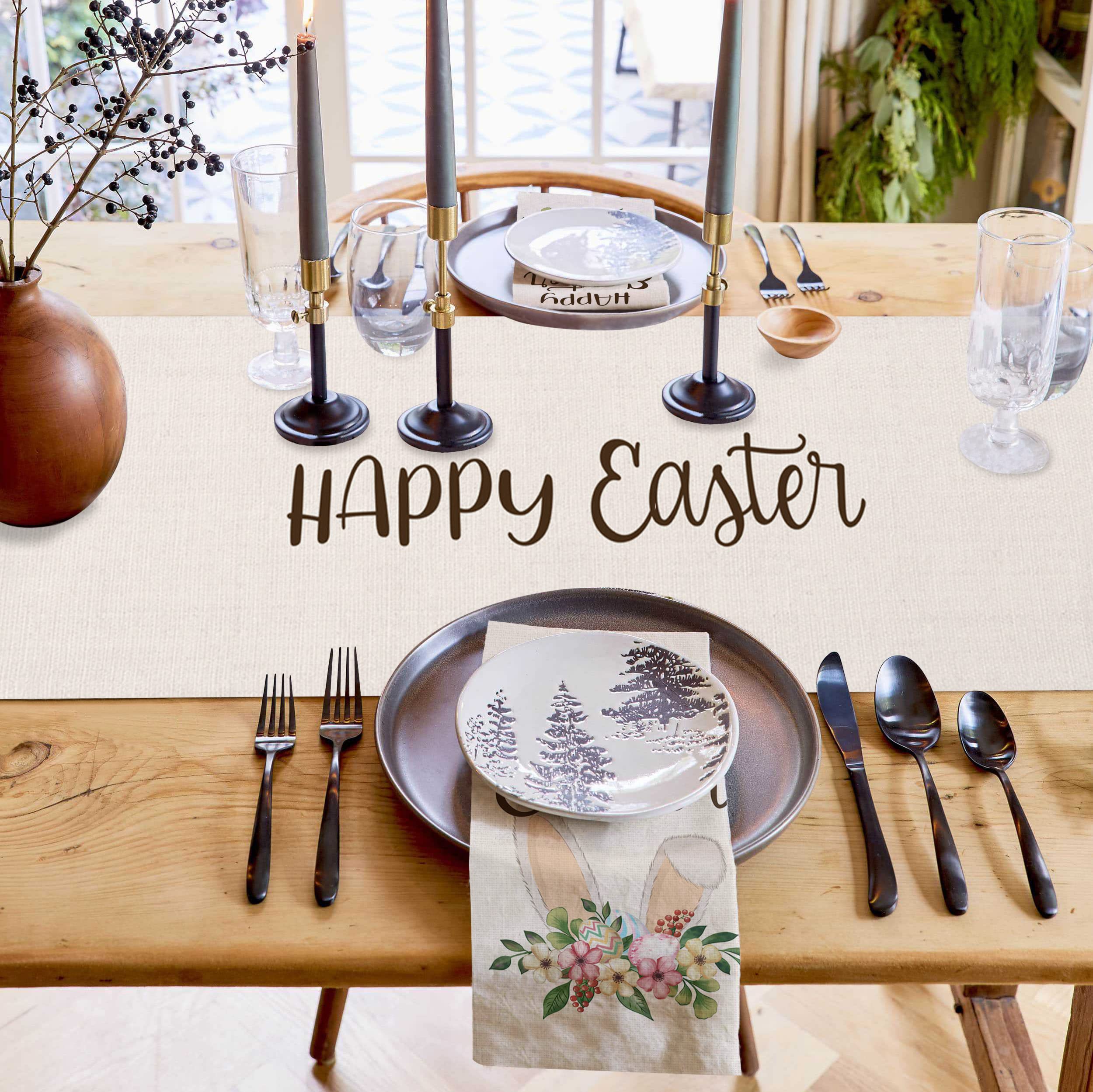 70 Inch Cotton Linen Table Runner - Floral Easter Eggs Bunny Design for Dining Table, Kitchen, Bedroom Decor | Easter Home Decoration & Seasonal Table Setting Accessory