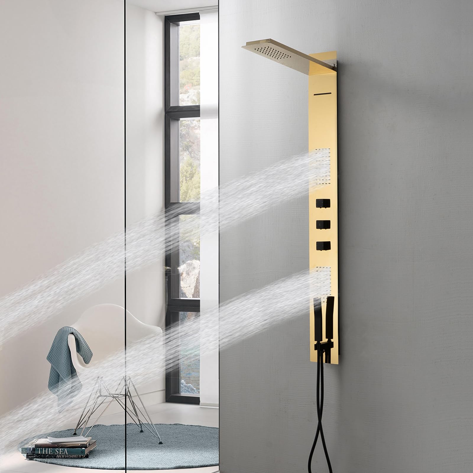 Premium Polished Gold Shower Panel Tower System - Multi-Function Shower System with Body Jets, Handheld Sprayer, Rainfall Shower Head & Waterfall Outlet - Stainless Steel Wall Mount for Luxury Bathroom & Spa Experience - Perfect for Modern Home, Hotel & Relaxation Spaces