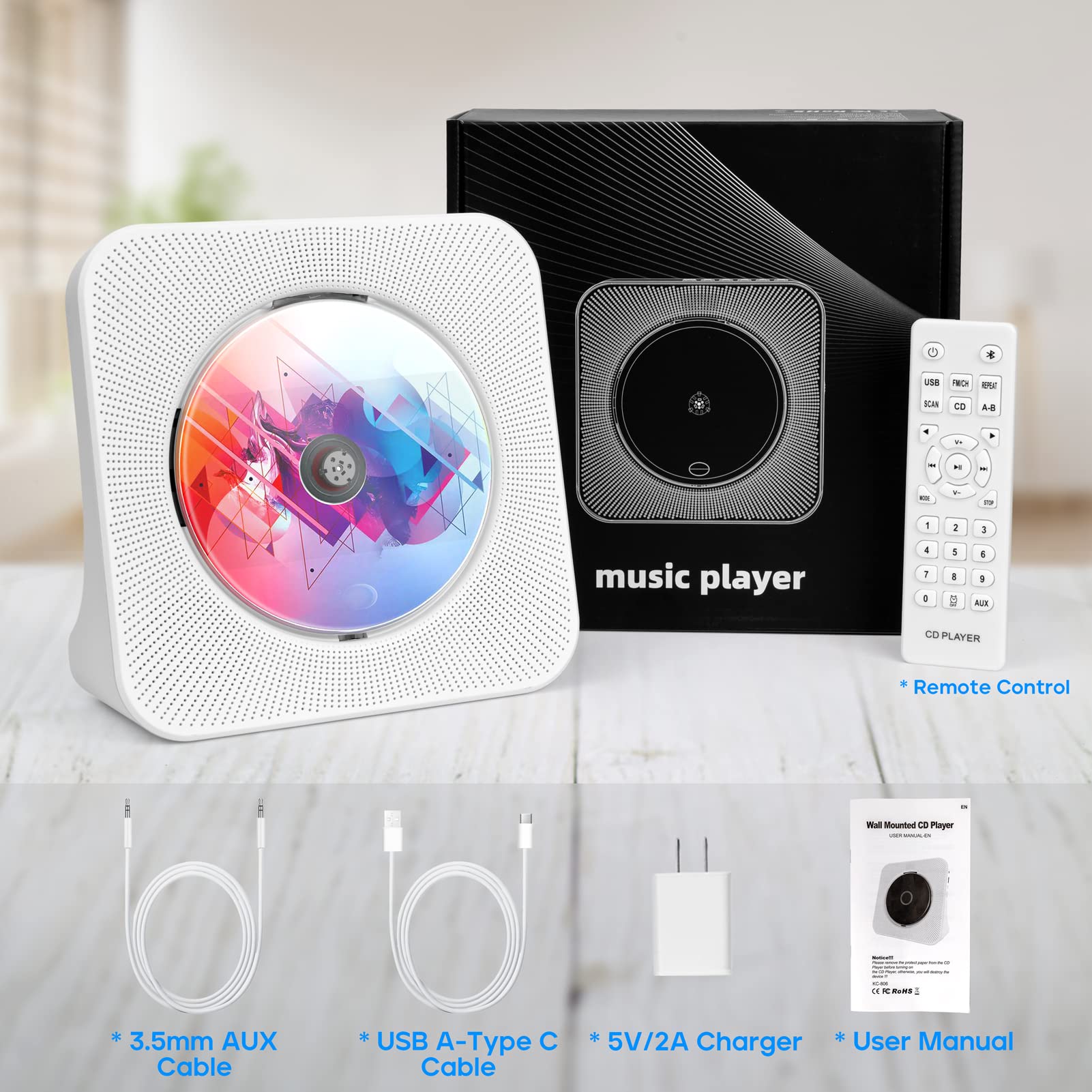 ROADOM Bluetooth CD Player with Speakers - Hi-Fi Stereo Sound, Remote Control, Supports CD/Bluetooth/FM Radio/USB/AUX/Timer/Repeat - Perfect for Home, Office & Bedroom Music Listening