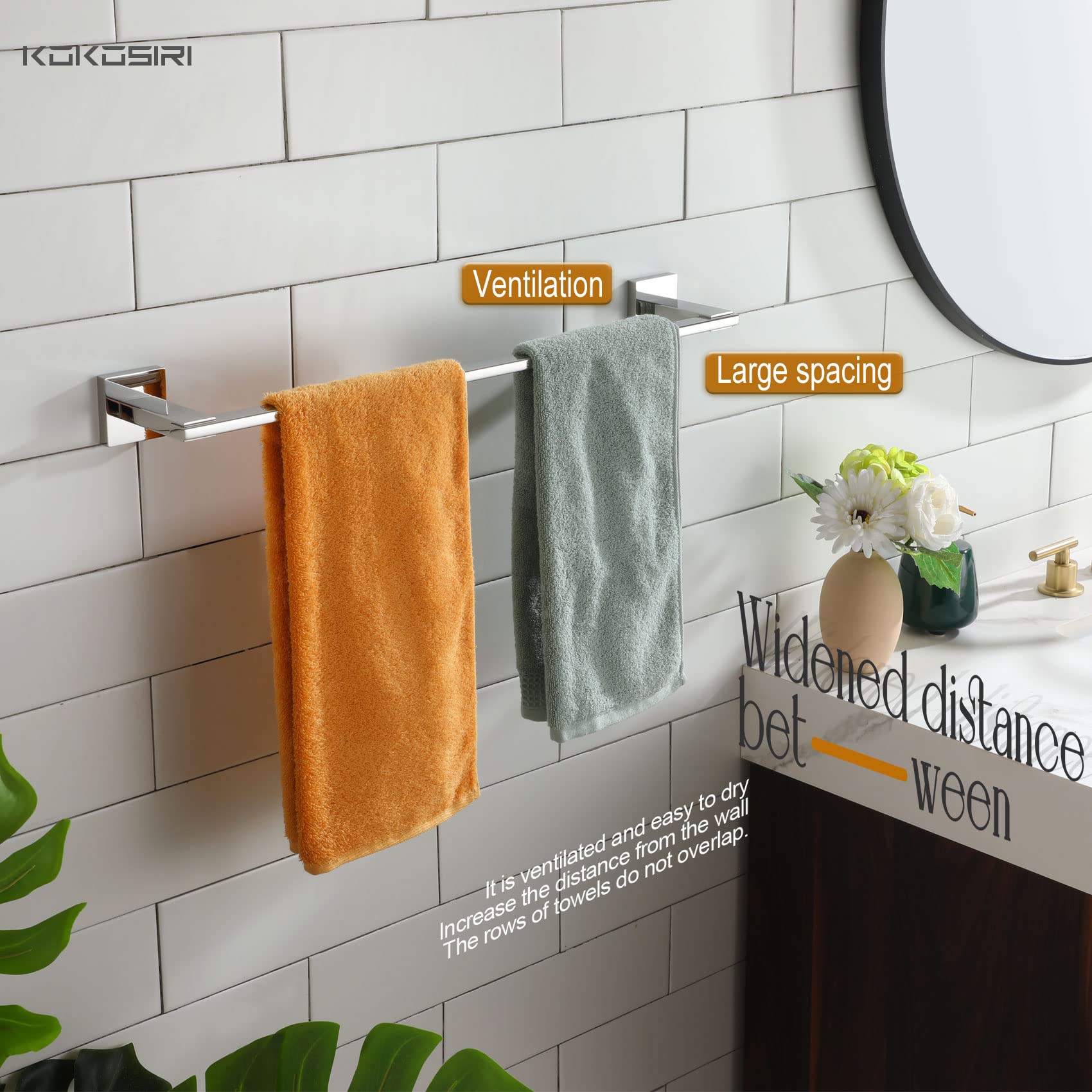KOKOSIRI 24 Inch Polished Stainless Steel Wall Mounted Towel Bar - Chrome Bathroom Hardware for Kitchen & Toilet, Durable Necklace Holder (Model B4006CH-L24) | Perfect for Modern Bathrooms, Spa Settings & Luxury Home Decor