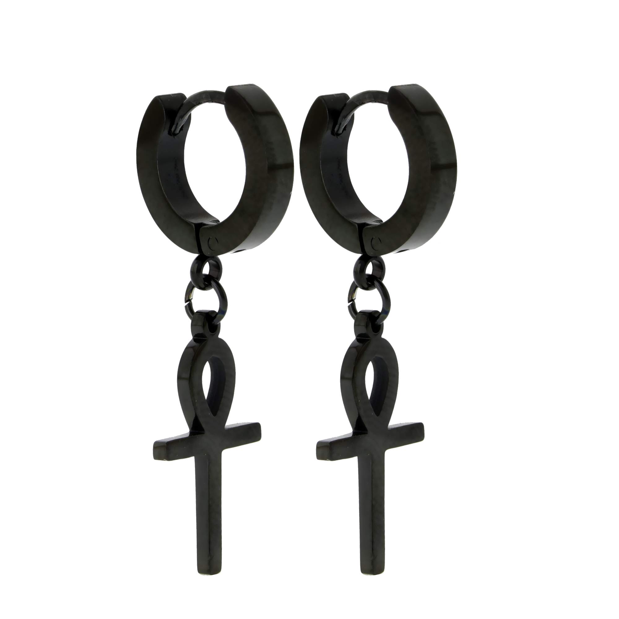 2 Pairs Unisex Stainless Steel Ankh Cross Hoop Earrings - CZ Egyptian Drop Dangle Hinged Earrings for Women & Men (Silver, Gold, Black) | Perfect for Boho Fashion, Costume Parties & Spiritual Jewelry Collection