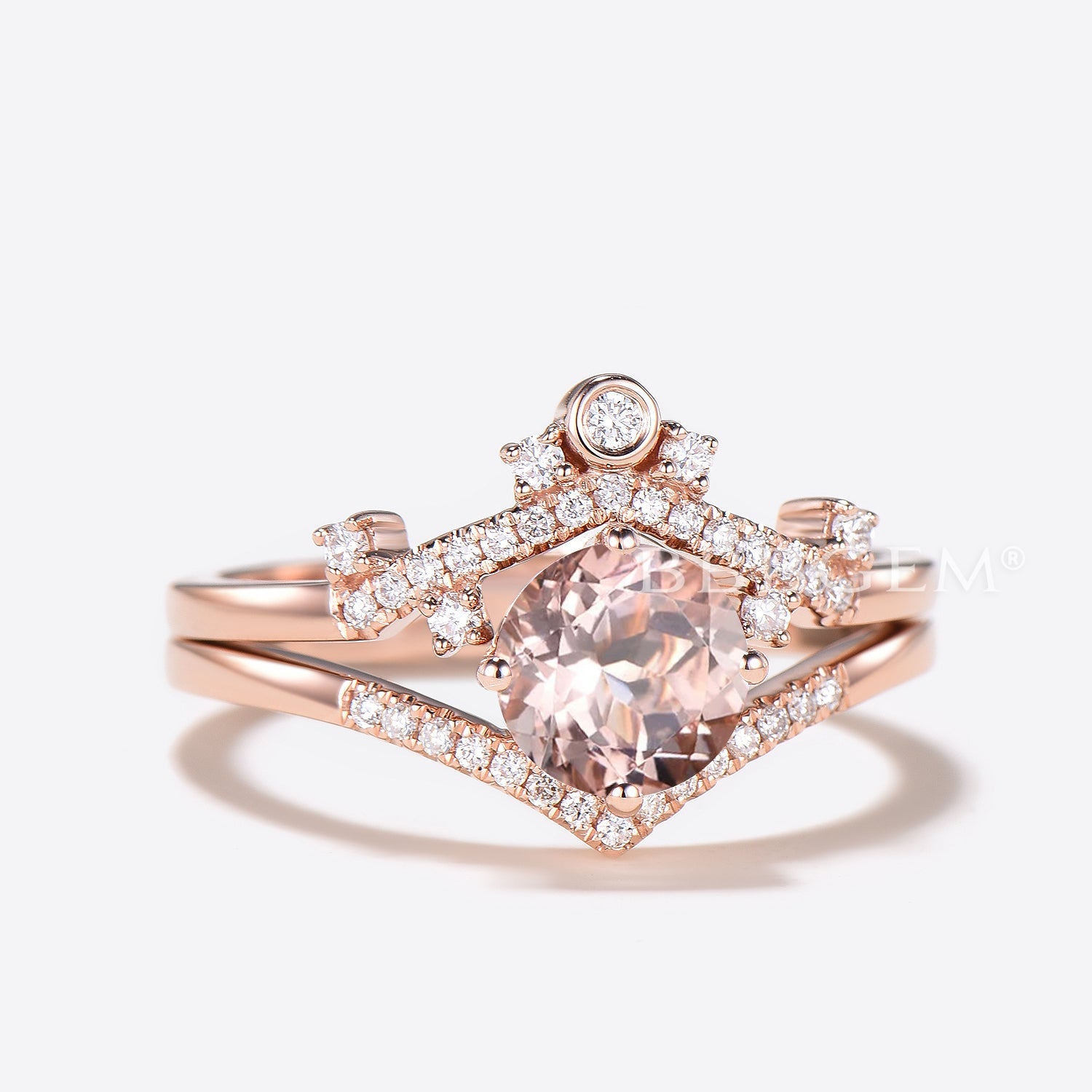 Art Deco Morganite Engagement Ring Set - Round Cut Rose Gold Wedding Band for Women - Perfect for Proposals, Anniversaries & Bridal Jewelry