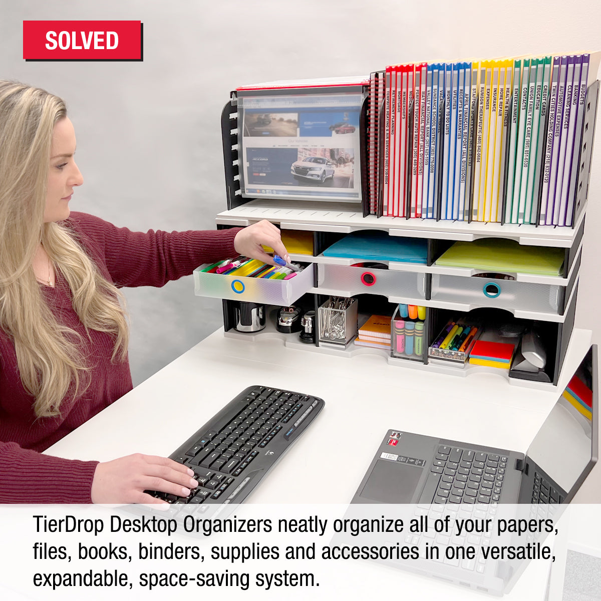 6-Slot Desktop Organizer with Riser Base, Hanging File Top & 3 Drawers - Vertical Space Saving Document & Office Supply Storage for Files, Binders, Pens - Perfect for Home Office, Study Desk & Workspace Organization