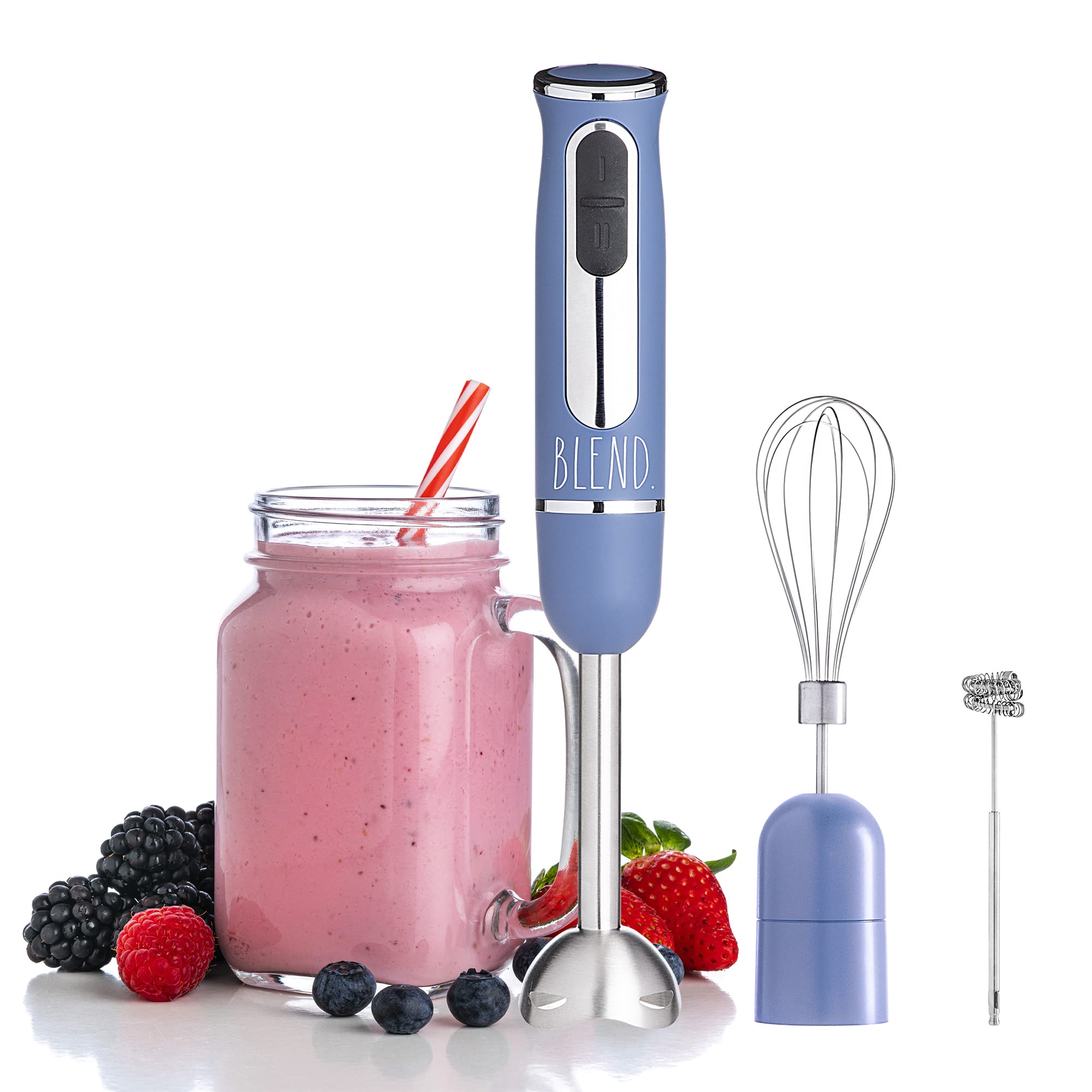 Rae Dunn Immersion Hand Blender - 500W 2-Speed Handheld Blender with Stainless Steel Blade, Includes Egg Whisk & Milk Frother Attachments (Navy Blue) - Perfect for Smoothies, Soups, Sauces & Whipping Cream at Home