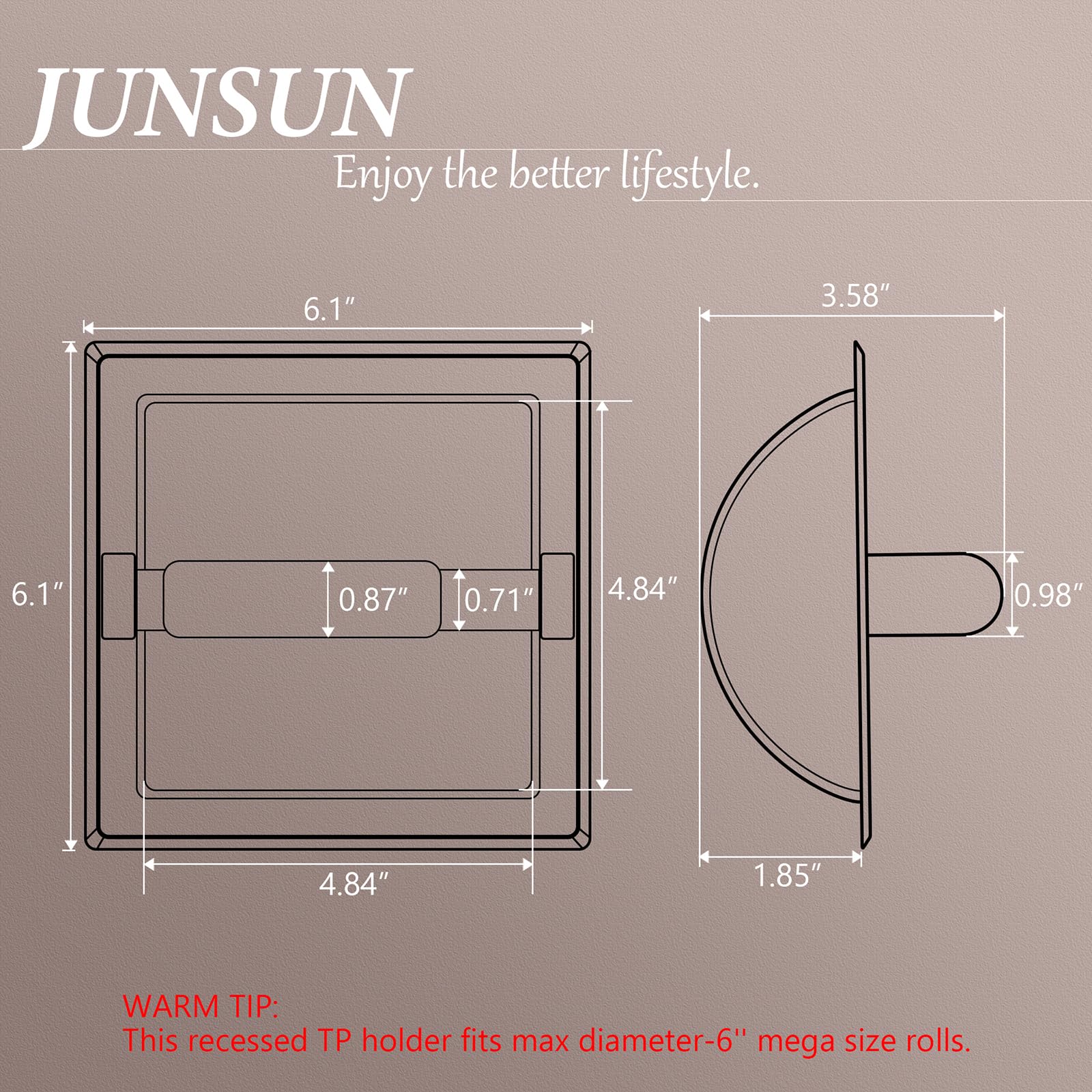 JunSun Oil Rubbed Bronze Recessed Toilet Paper Holder - Stainless Steel ORB Tissue Roll Holder for Jumbo Mega Rolls (6