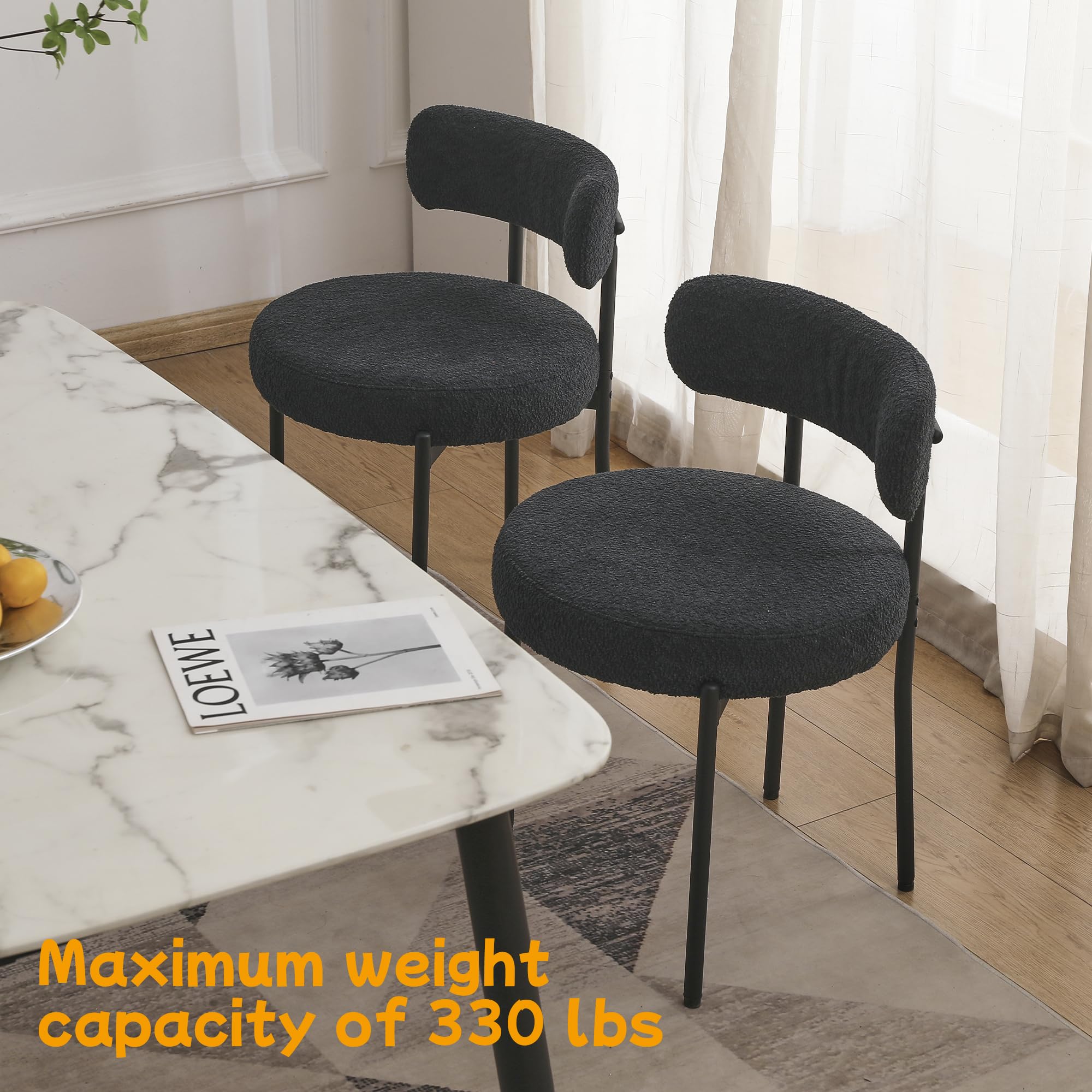 EDWELL Black Boucle Dining Chairs Set of 4 - Mid Century Modern Upholstered Kitchen Chairs with 3.94