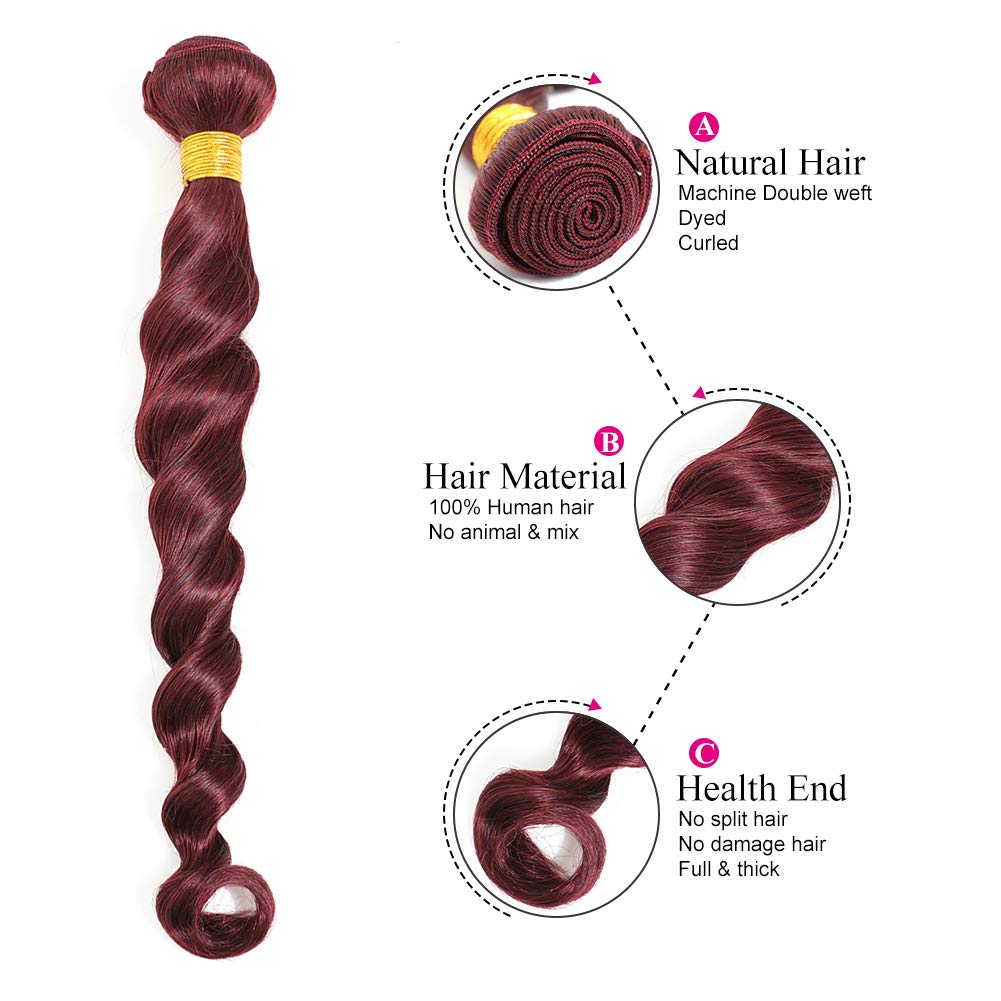Brazilian Loose Deep Wave Human Hair Bundles - 100% Unprocessed Virgin Hair Extensions for Women (16/18/20 Inch, Burgundy Red) | Perfect for Daily Wear, Parties & Special Occasions