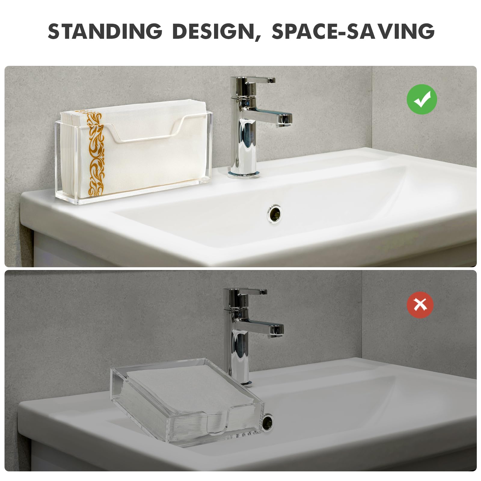 Clear Acrylic Vertical Towel Holder - Waterproof Splash-Proof Napkin Dispenser for Bathroom, Kitchen, Dining Table - Modern Disposable Hand Towel Organizer for Home, Hotel & Office Use - Perfect for Guest Bathrooms, Restaurant Countertops & Kitchen Islands