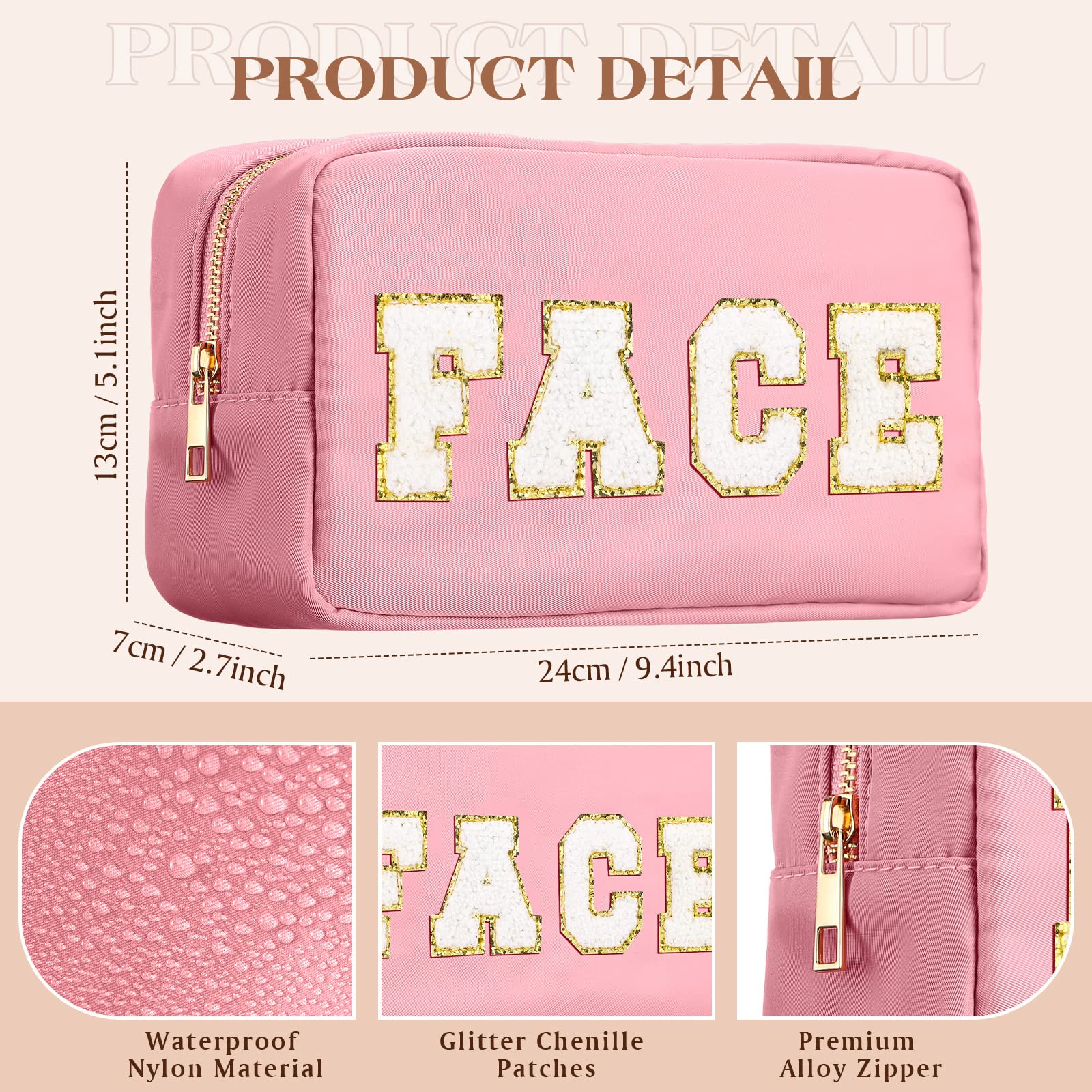 4 Pack Preppy Makeup Bags | Chenille Letter Cosmetic Pouches with Zipper | Nylon Travel Toiletry Cases for Women | Perfect for School, Gym & Vacation Essentials