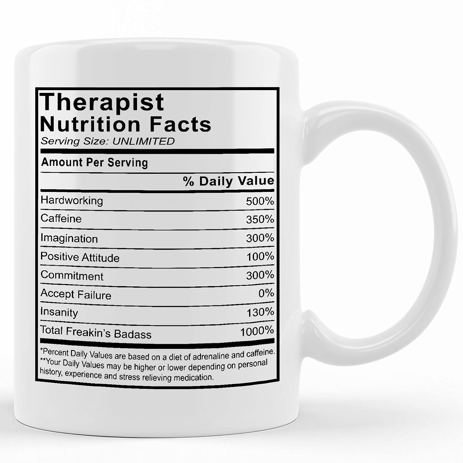 Personalized Therapist Nutrition Facts Mug - Funny Therapist Gift, Ceramic Coffee Cup for Tea & Drinks - Ideal for Birthday, Christmas, Thanksgiving - Perfect Office Gift for Therapists, Counselors & Mental Health Professionals