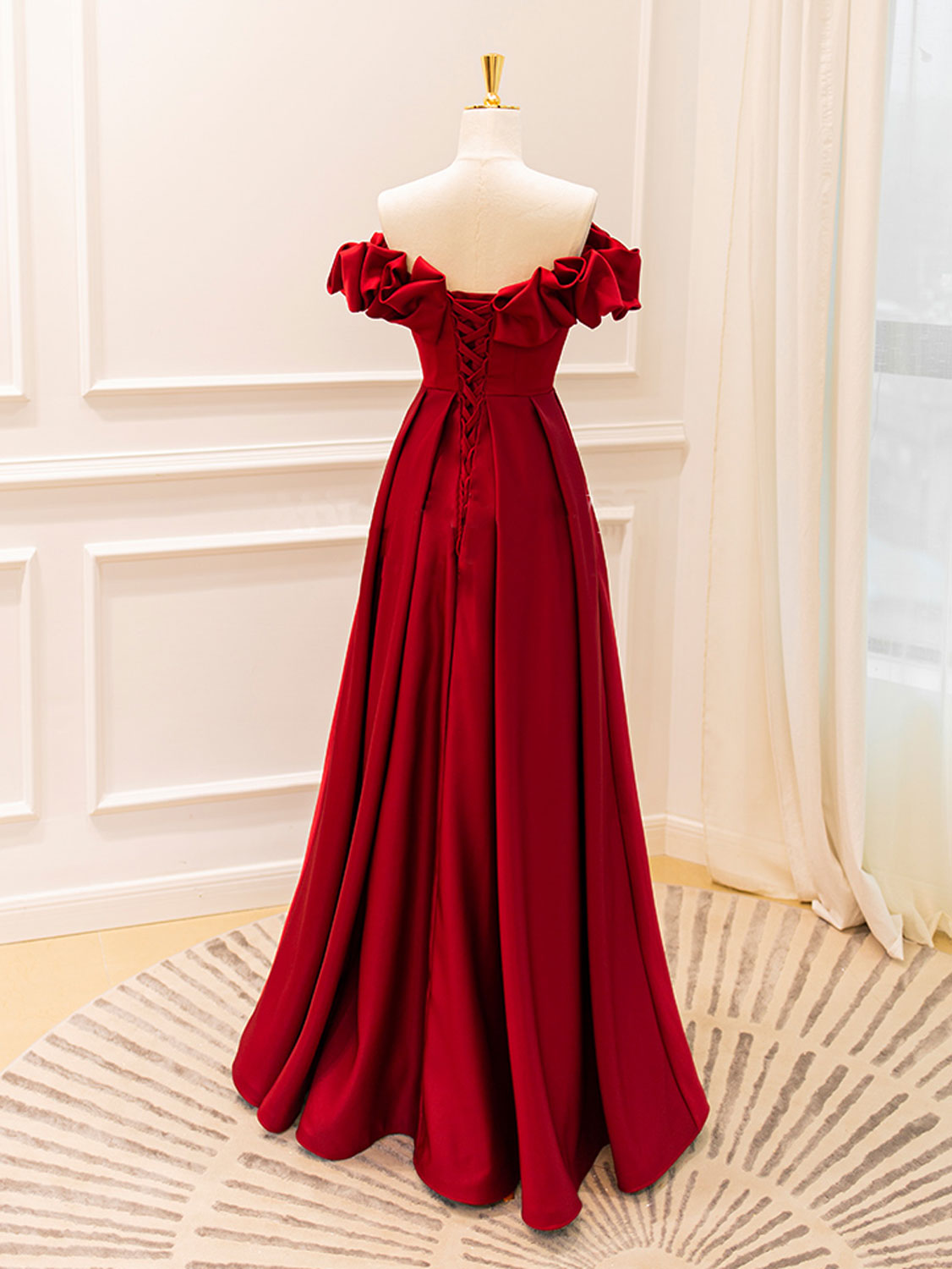 Elegant A-Line Off Shoulder Satin Burgundy Evening Dress for Women - Perfect for Cocktail Parties, Weddings & Special Occasions