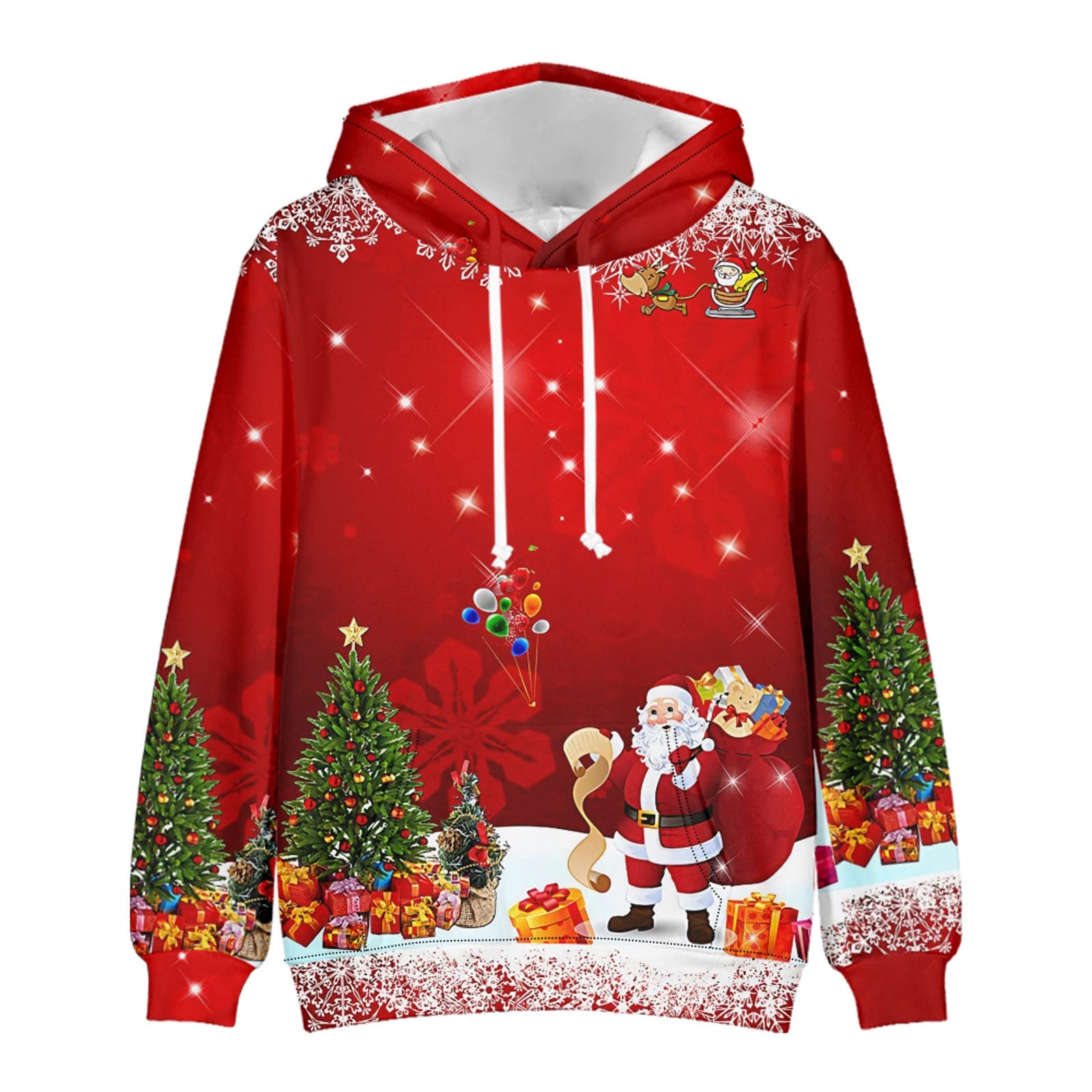 Men's Christmas Sweater - 3D Printed Reindeer & Santa Claus Holiday Pullover with Hood, Kangaroo Pocket & Snowflake Design | Warm Xmas Jumper for Parties, Gifts & Winter Outfits (XS-5XL)