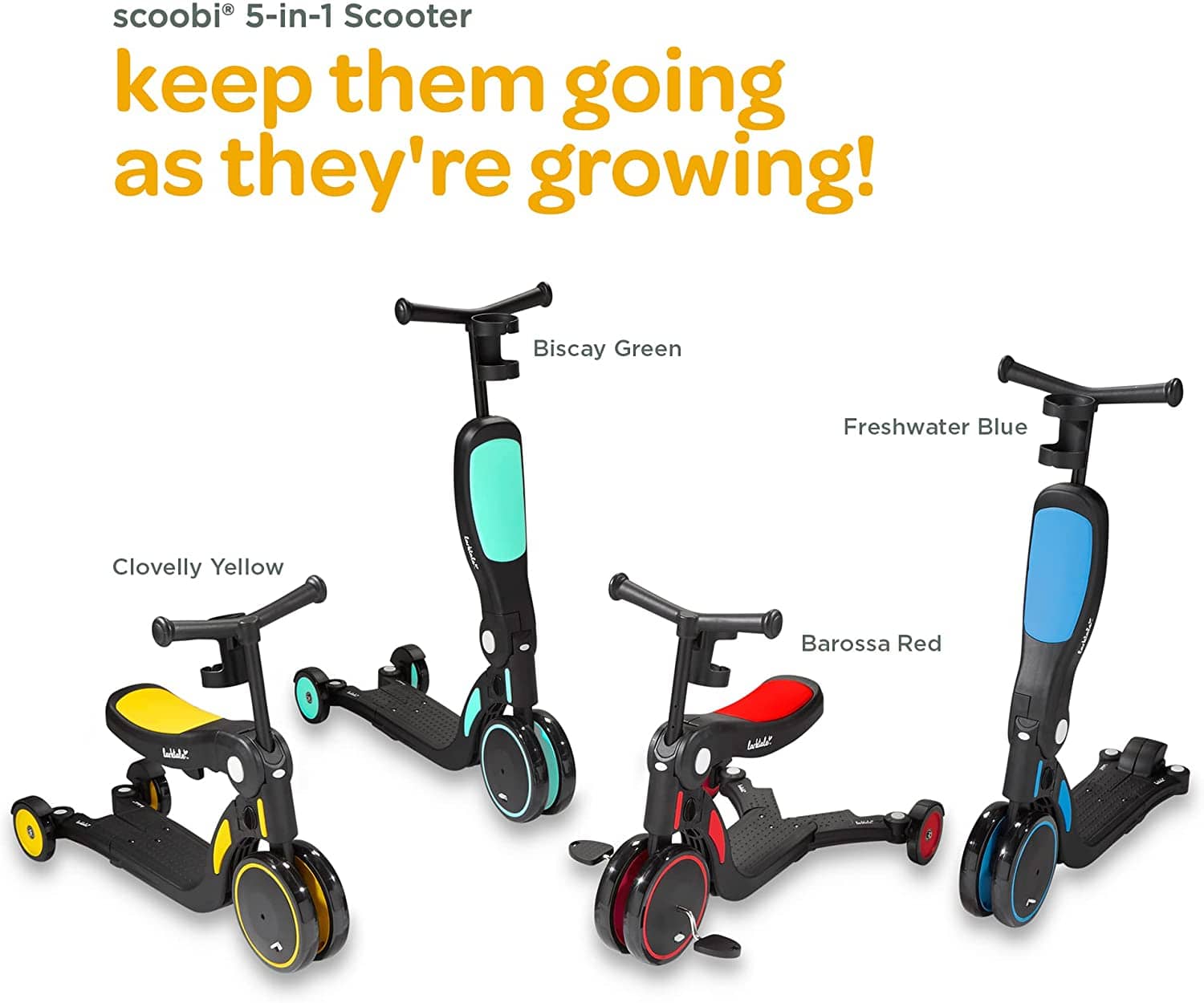 Larktale Scoobi 5-in-1 Convertible Kids Scooter - Adjustable Height, 3 Wheel Design for Toddlers Ages 1-5 - Perfect for Outdoor Play, Park Rides & Learning Balance