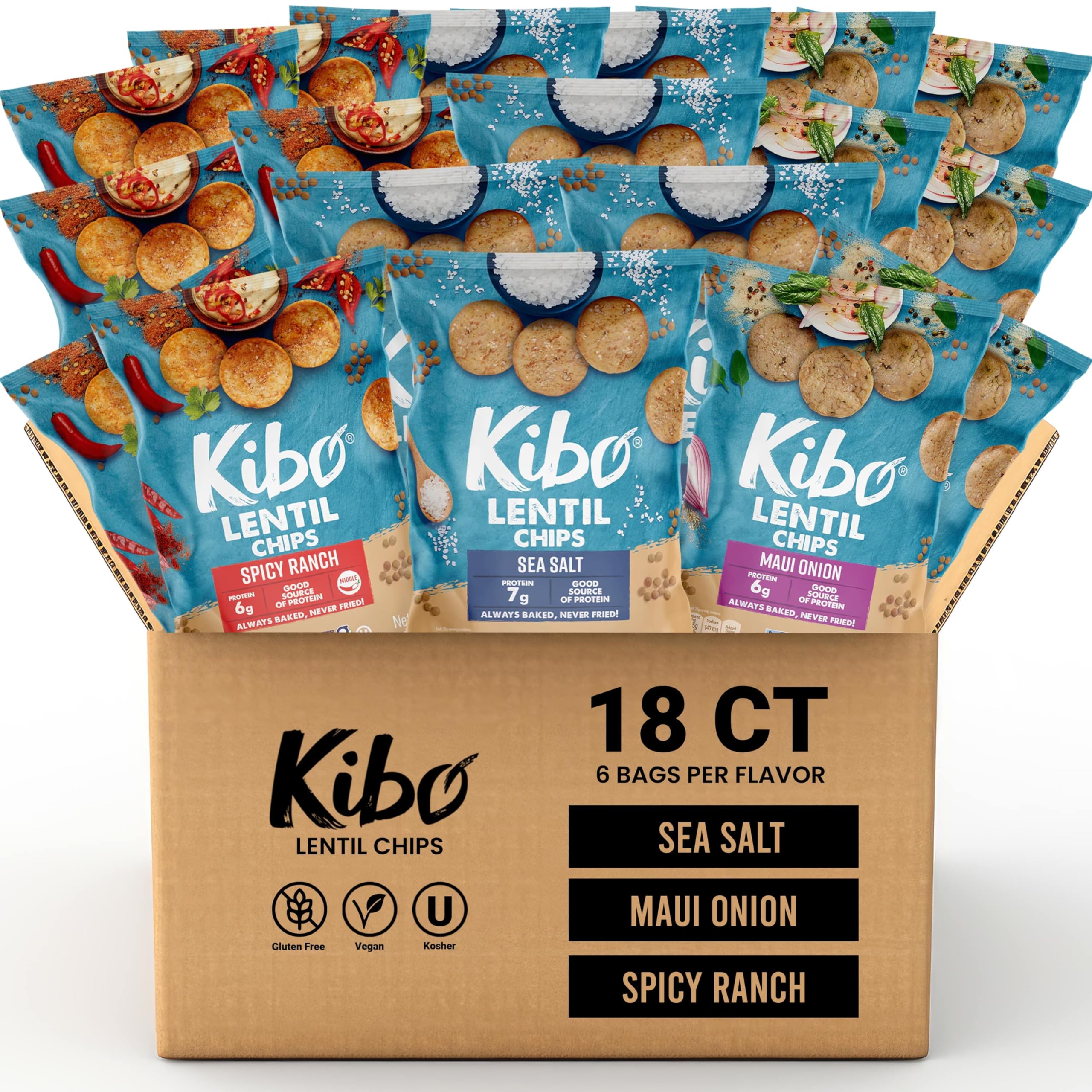 Kibo Lentil Chips Variety Pack - Gluten-Free, Vegan, Non-GMO, Plant-Based Snacks - Maui Onion, Sea Salt & Spicy Ranch Flavors - Made with Real Vegetables - 28g Bags (18 Pack) - Perfect for Parties, School Lunches & Healthy On-the-Go Snacking
