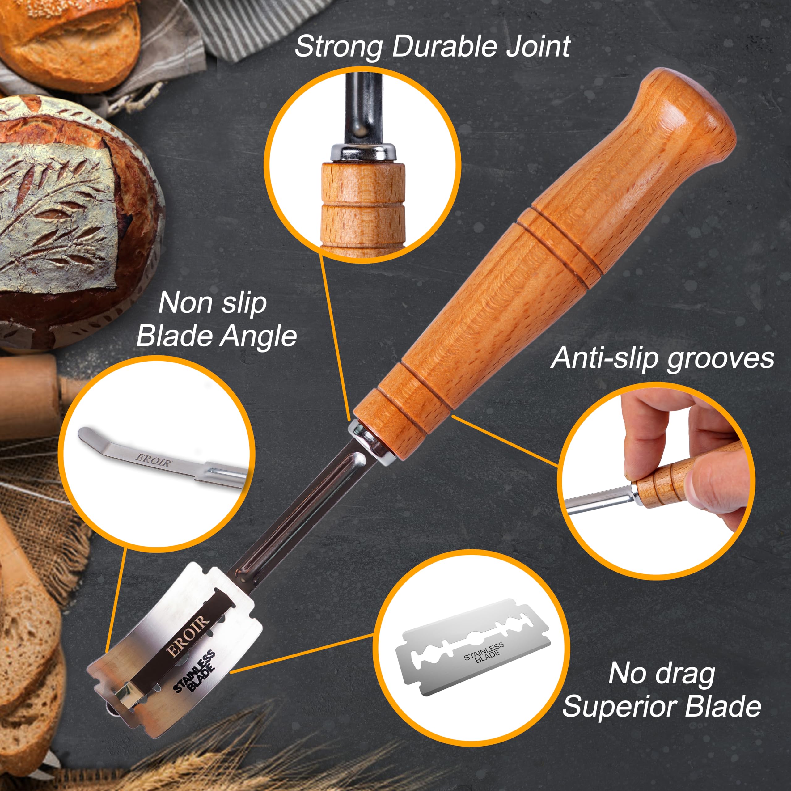 EROIR Danish Dough Whisk & Bread Lame Set - 13 Inch Stainless Steel Dutch Bread Whisk with 10 Razor Blades & Leather Cover - Professional Baking Tools for Sourdough, Artisan Bread Making - Perfect for Home Bakers & Professional Chefs