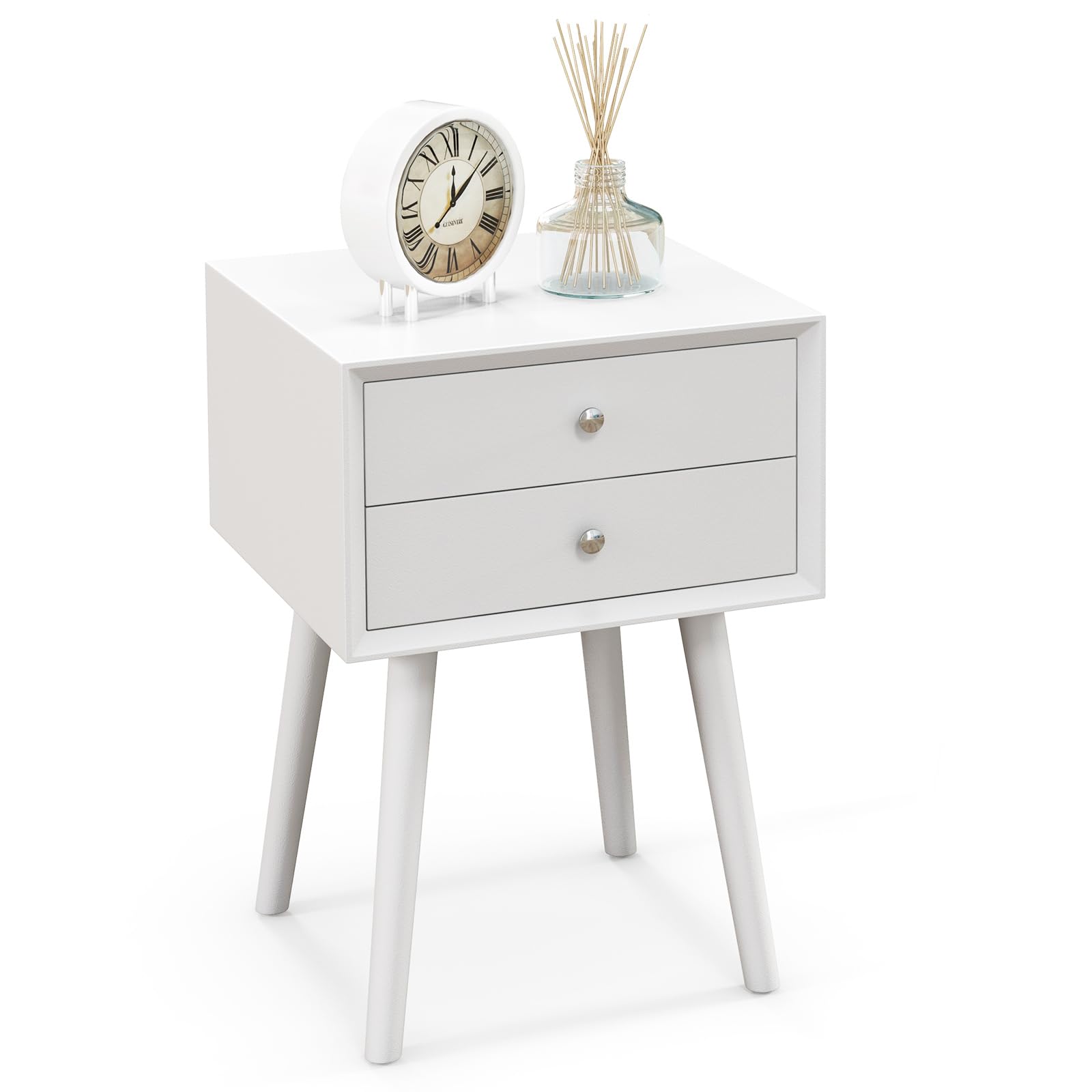Giantex White Nightstand with 2 Drawers - Solid Wood Bedside Table for Bedroom & Living Room