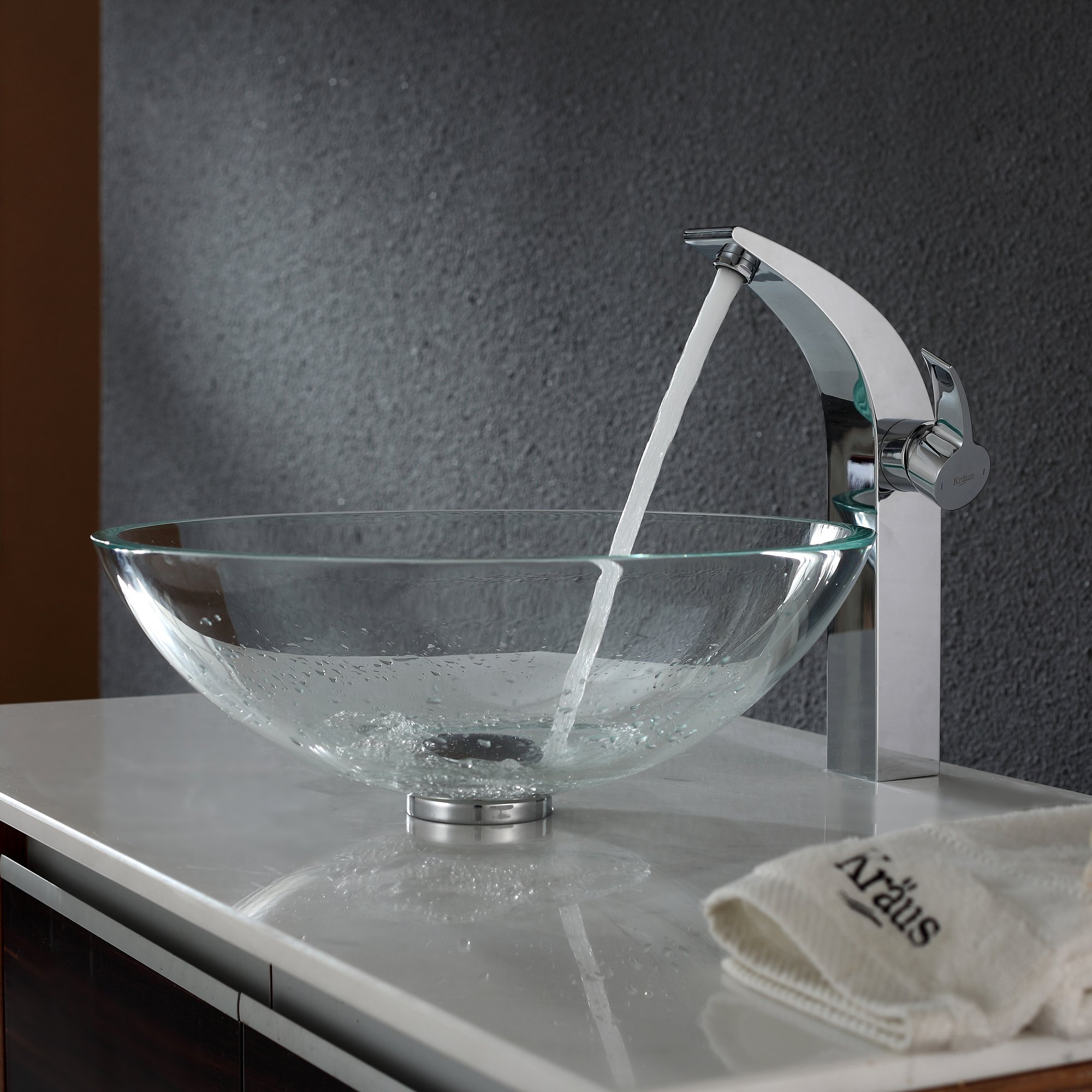 Kraus GV-100-CH Crystal Clear Glass Vessel Bathroom Sink with Chrome PU-MR Finish - Modern Vanity Basin for Contemporary Bathroom Decor