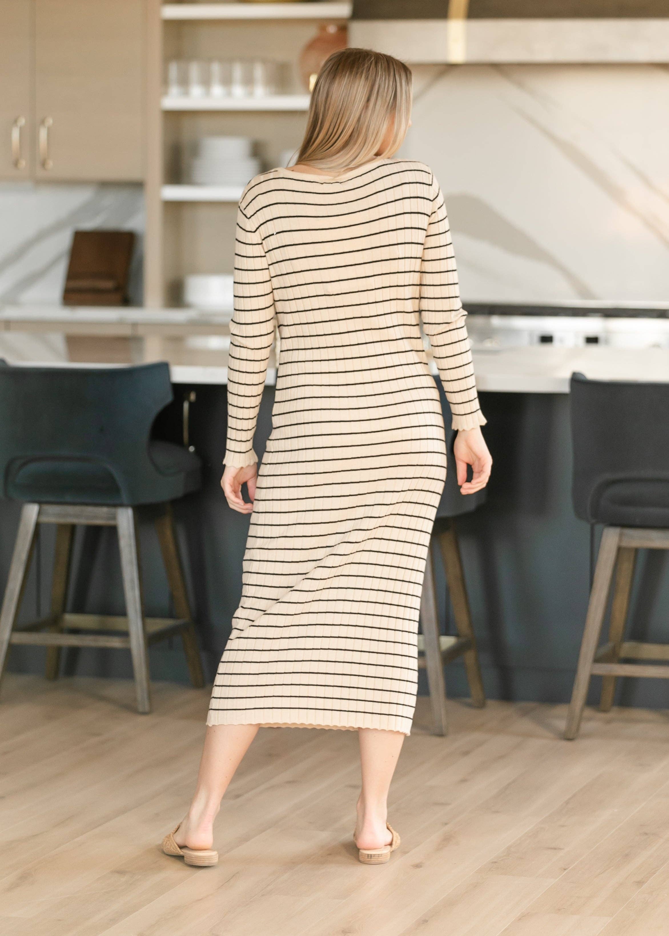Cassie Quarter Button Knit Midi Dress in Tan - Women's Casual Button Down Dress for Spring/Summer, Perfect for Office, Date Night and Weekend Outings