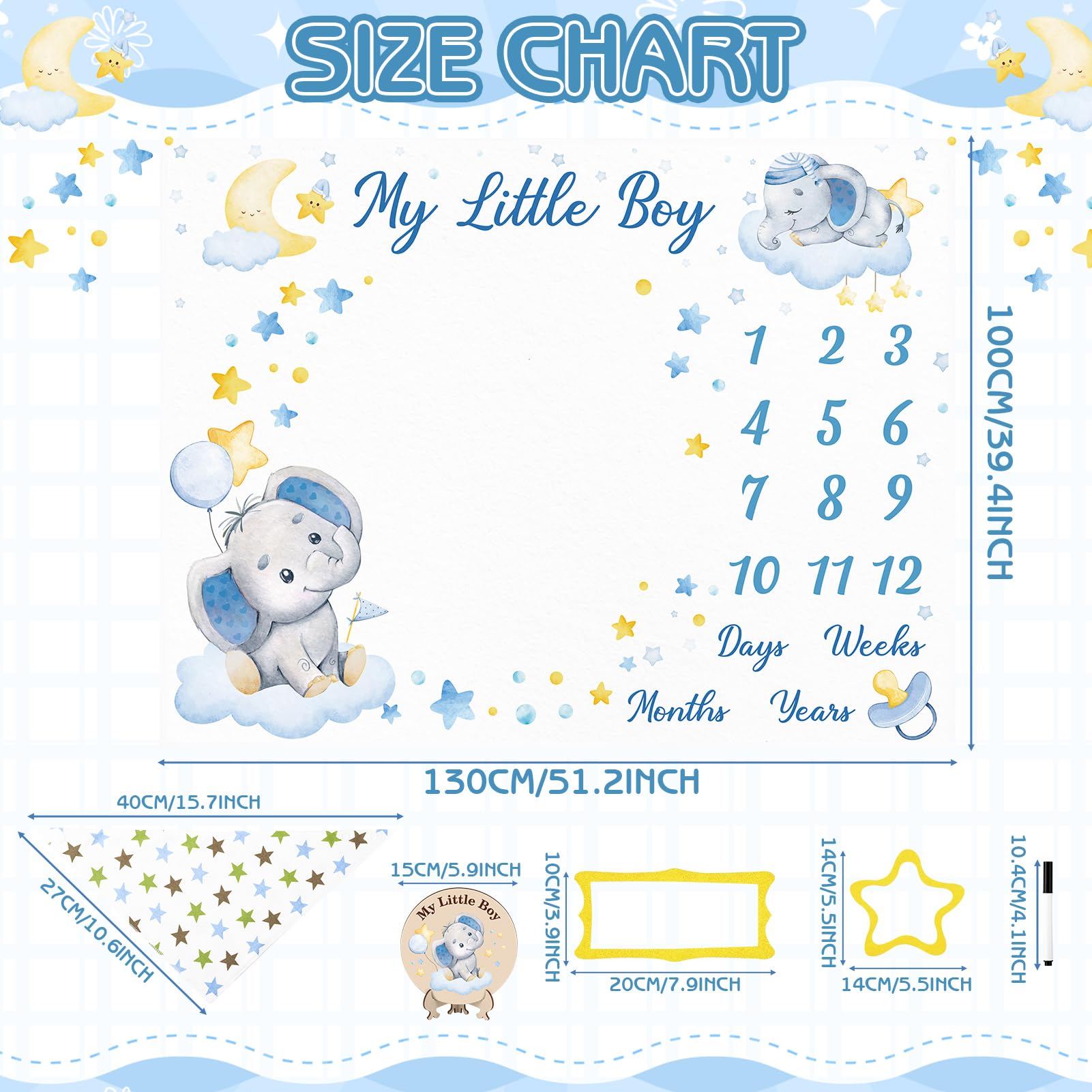 Elephant Baby Milestone Blanket for Newborn Photography - Soft Growth Blanket with Wooden Signs & Frames for Boys & Girls | Perfect for Monthly Photo Shoots, First Birthday & Nursery Decor
