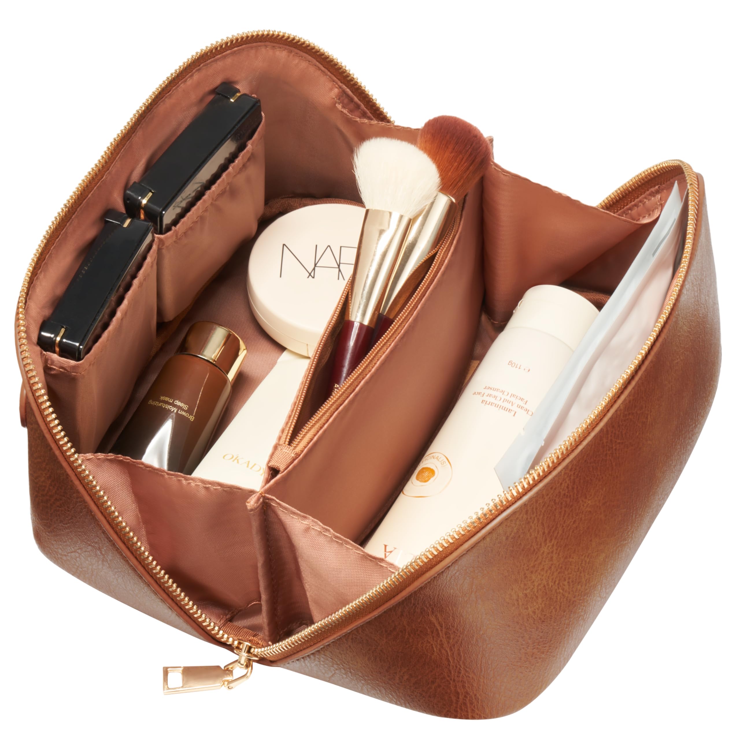 Yarnic Brown Travel Cosmetic Bag - Large PU Leather Makeup Organizer for Women | Perfect for Vacation & Daily Use