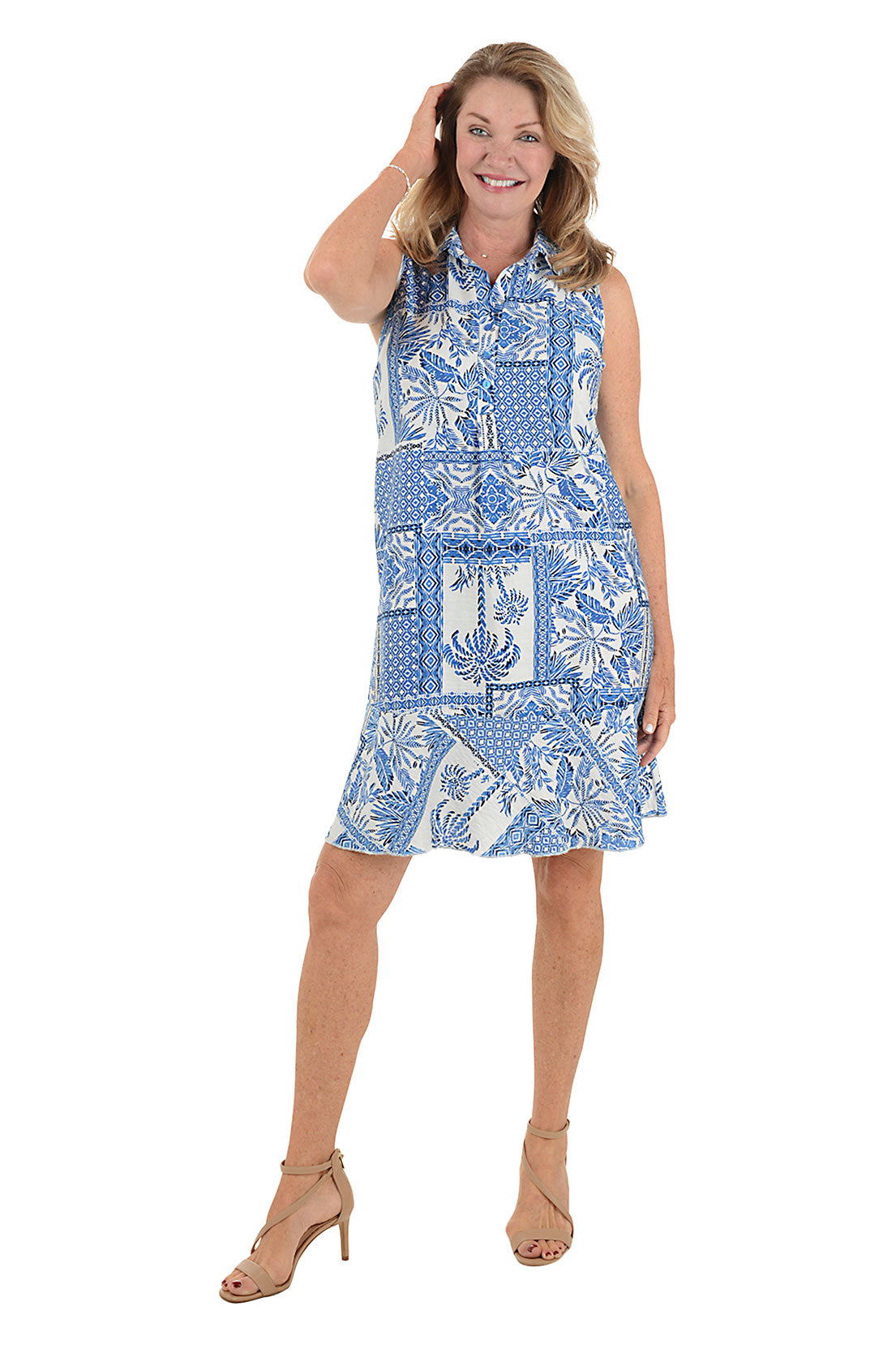 Palm Print Collared Sleeveless Summer Dress for Women - Beach Vacation, Pool Party & Tropical Getaway Outfit