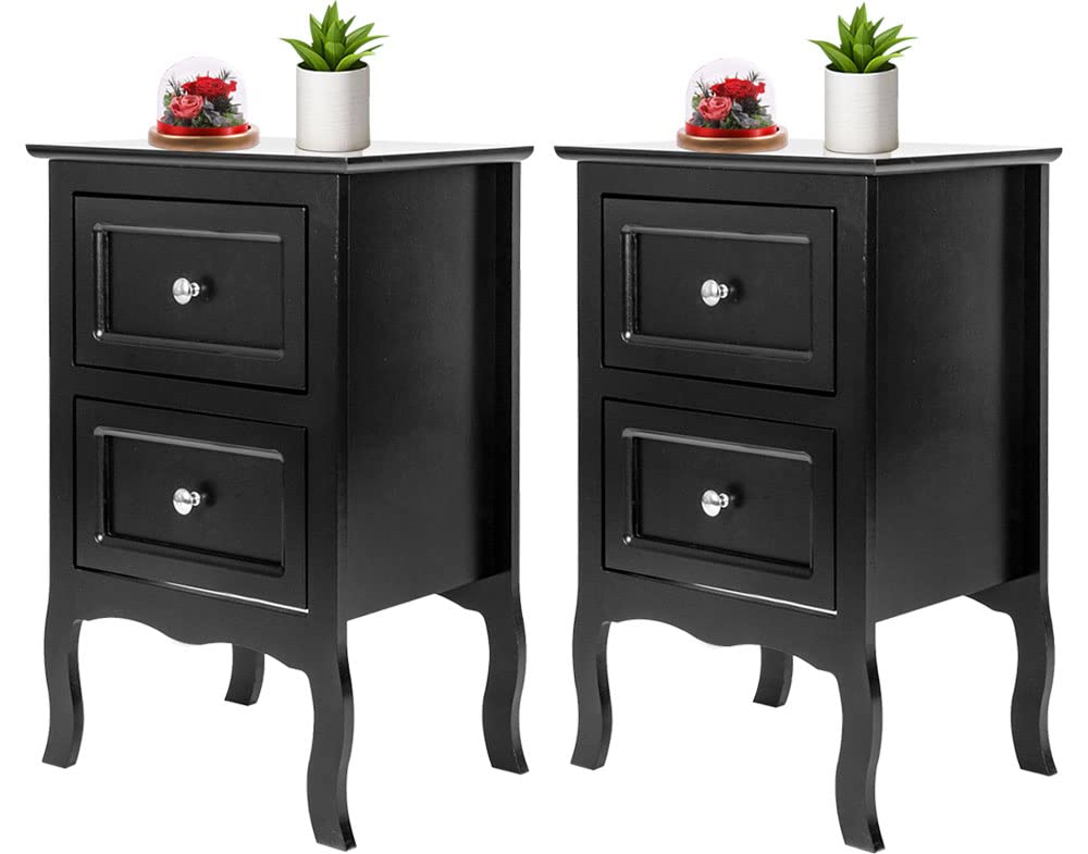 Henf Black Nightstand Set of 2 - Wooden Side Tables with 2 Drawers, Farmhouse Bedside Storage Cabinets, Solid Wood Legs End Tables - Perfect for Bedroom, Living Room & Guest Room Decor