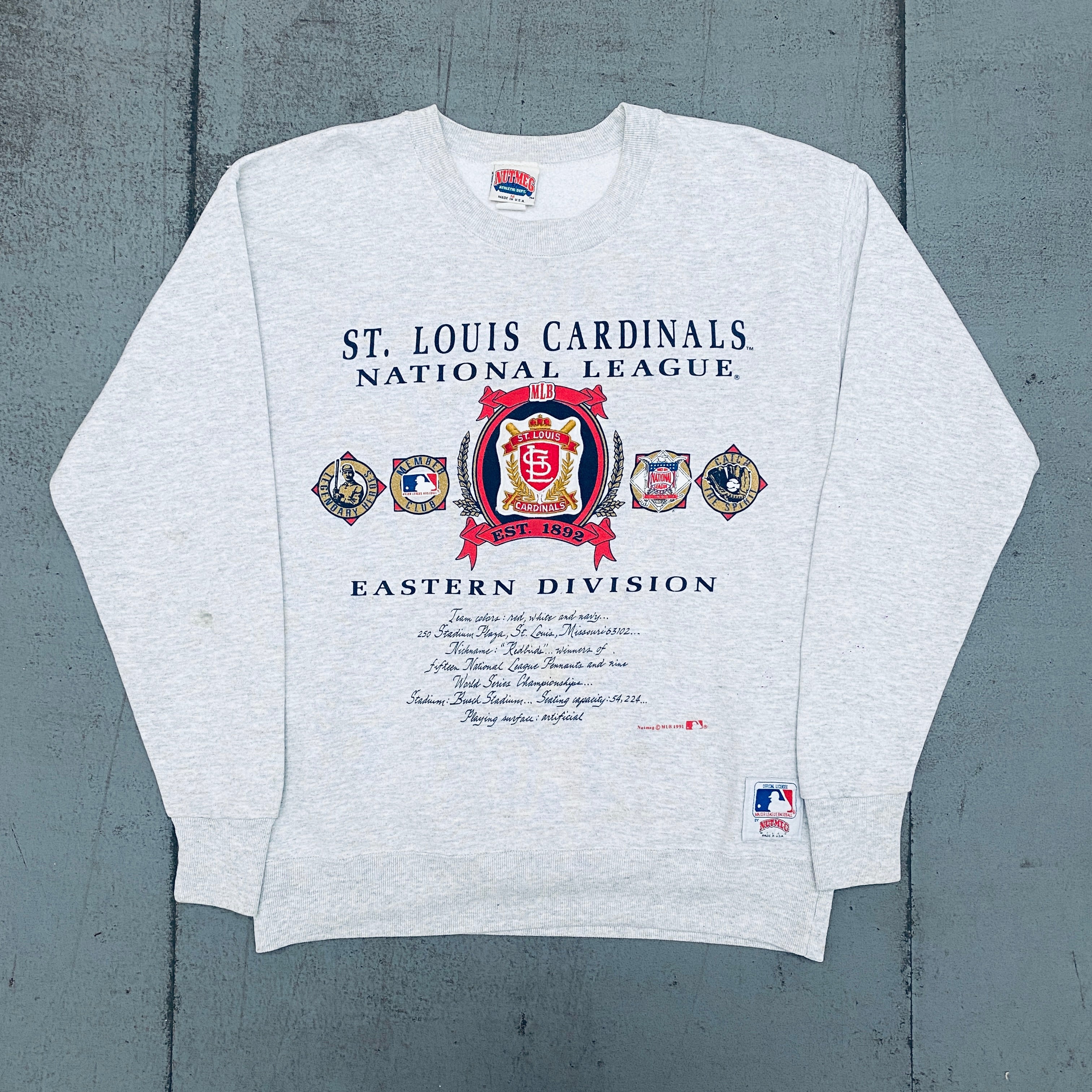 St. Louis Cardinals 1991 Nutmeg Mills Embroidered Logo Spellout Sweatshirt - Men's Medium Size - Vintage Baseball Fan Apparel for Game Day & Casual Wear