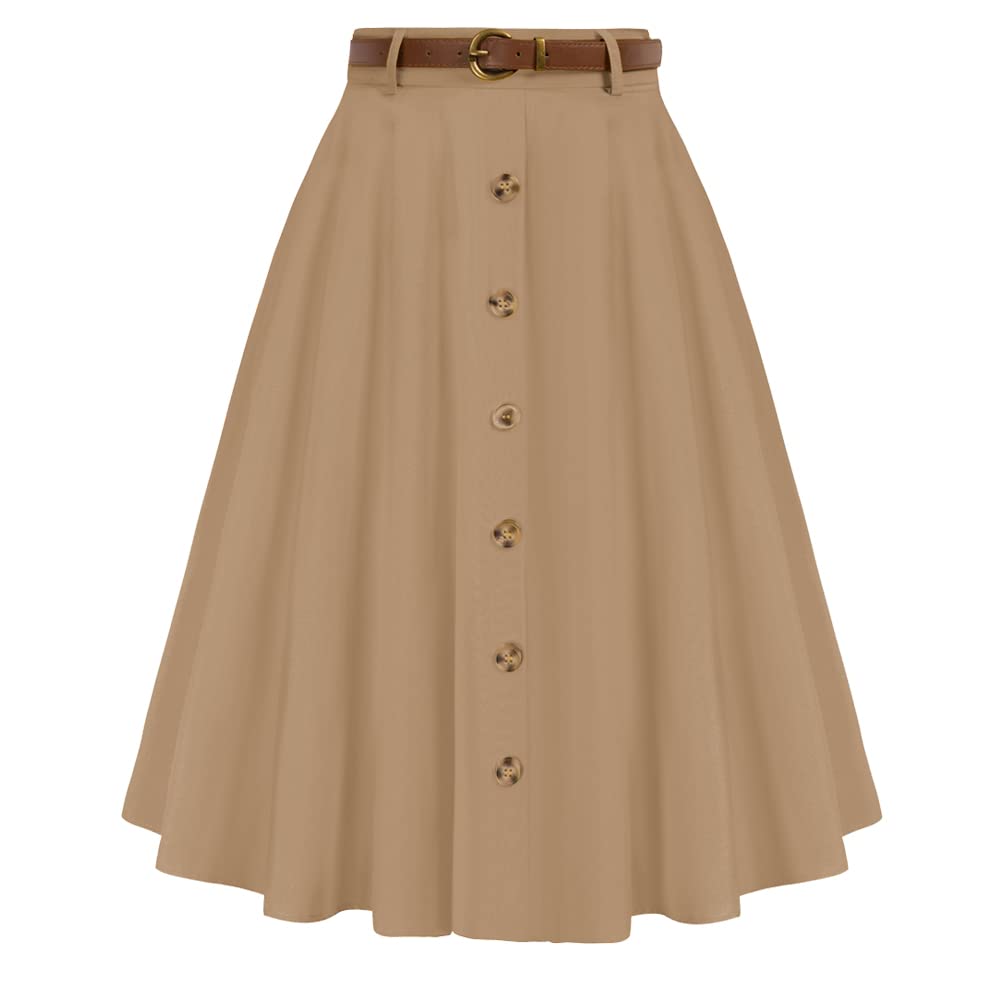 Belle Poque Women's Vintage Stretch High Waist A-Line Flared Midi Skirt with Pockets & Belt - Retro Fashion for Casual Outings, Office Wear & Date Nights