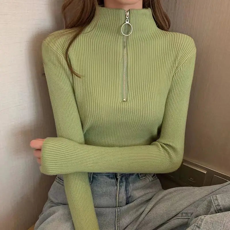 Vintage Solid Knitted Long Sleeve Zip-Up Half Turtleneck Sweater for Women - Cozy Winter Pullover for Casual Outfits & Office Wear