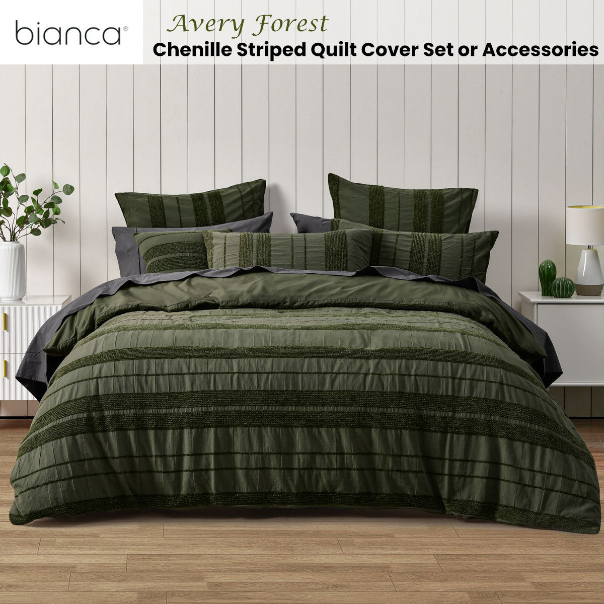 Bianca Avery Forest Chenile Striped Quilt Cover Set King Size - Soft Luxury Bedding for Cozy Bedroom Decor & Guest Room Essentials