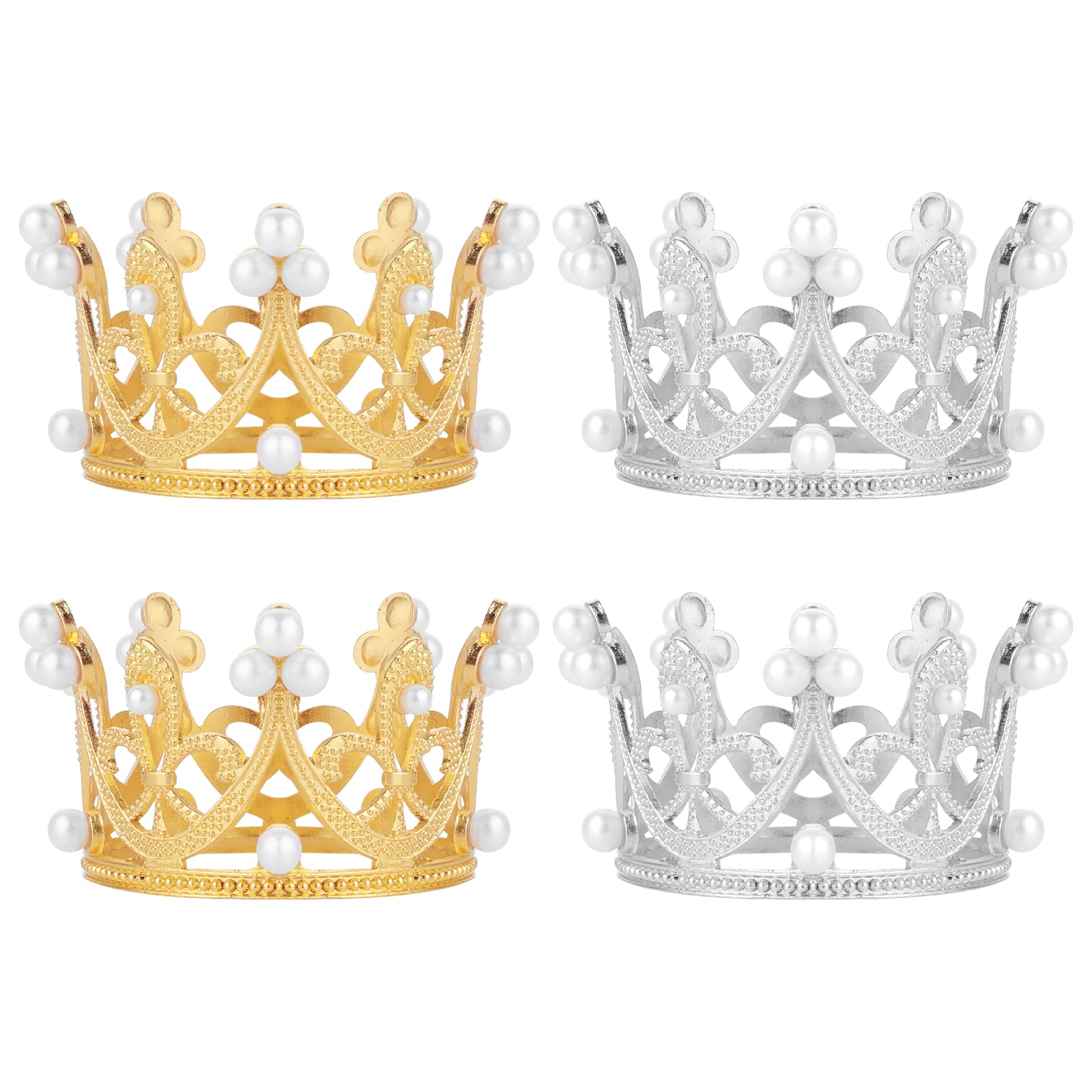 4-Piece Vintage Princess Crown Cake Topper Set - Mini Pearl Tiara Cupcake Toppers for Birthday Party, Wedding, Baby Shower Decorations (Gold & Silver) | Elegant Cake Decor, Bridal Shower, Royal Theme Celebration Accessories