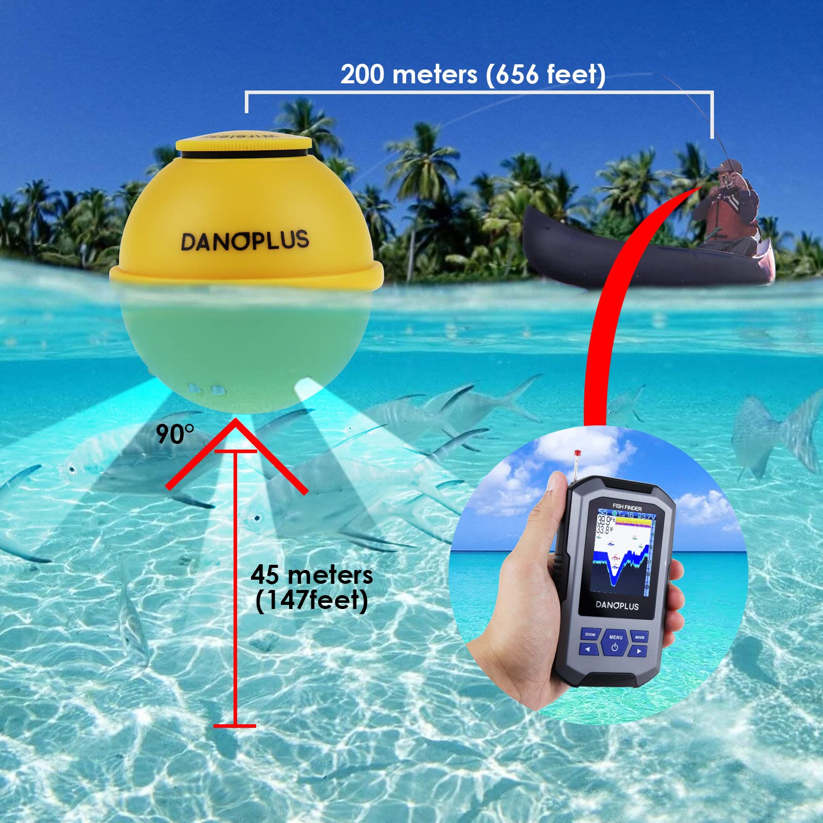 Portable Wireless Fish Finder with Sonar Sensor - 147ft Depth Detection, Rechargeable Kayak Fishing Accessories for Sea, Ice & Boat Fishing | Perfect for Kayak Anglers, Ice Fishermen & Offshore Boating