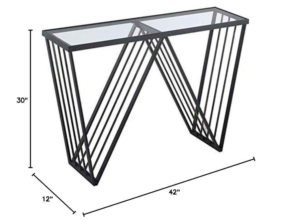 Modern Black Metal Console Table with Clear Glass Shelf - Sleek Entryway Furniture for Hallway, Living Room & Office Decor