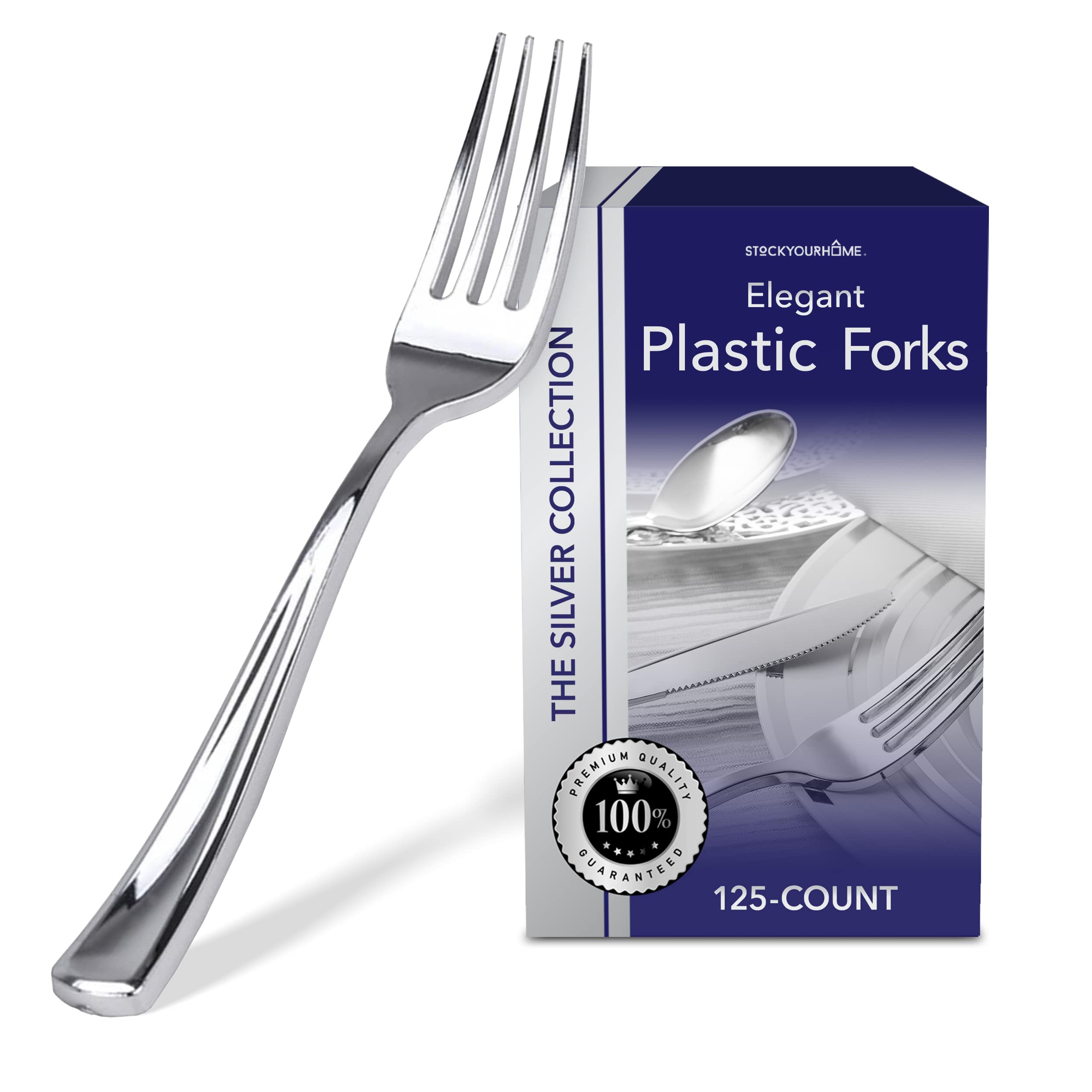 Stock Your Home 125 Heavy Duty Disposable Plastic Forks - Elegant Silverware-Style Utensils for Catering, Restaurants, Parties & Weddings | Perfect for Outdoor Events, BBQs, Picnics & Banquets (Silver)