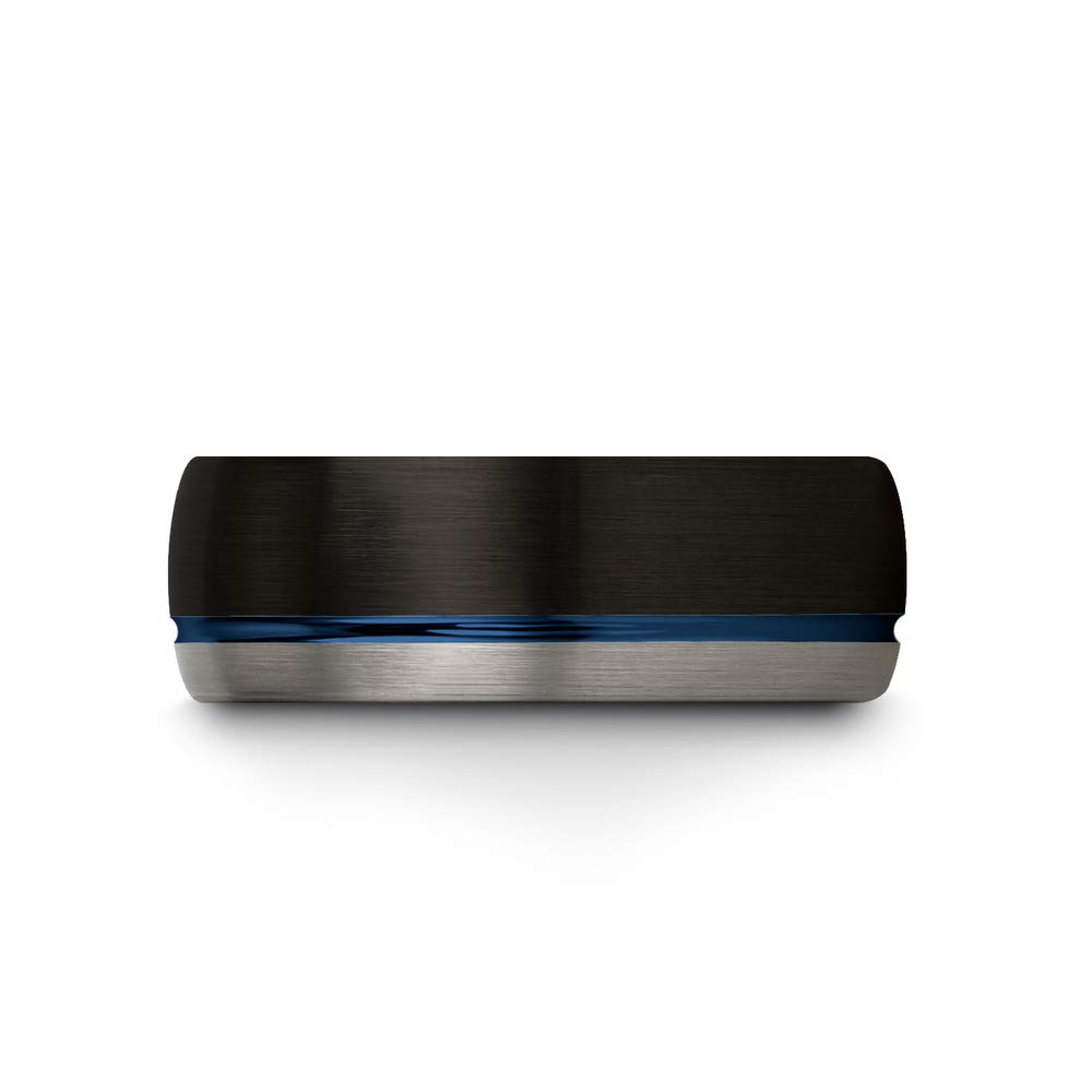 Tungsten Carbide Wedding Band Ring 8mm for Men & Women - Blue Black Offset Line, Dome Grey Exterior, Half Brushed Polished Finish - Custom Engraved Anniversary & Engagement Ring - Perfect for Weddings, Proposals & Special Occasions