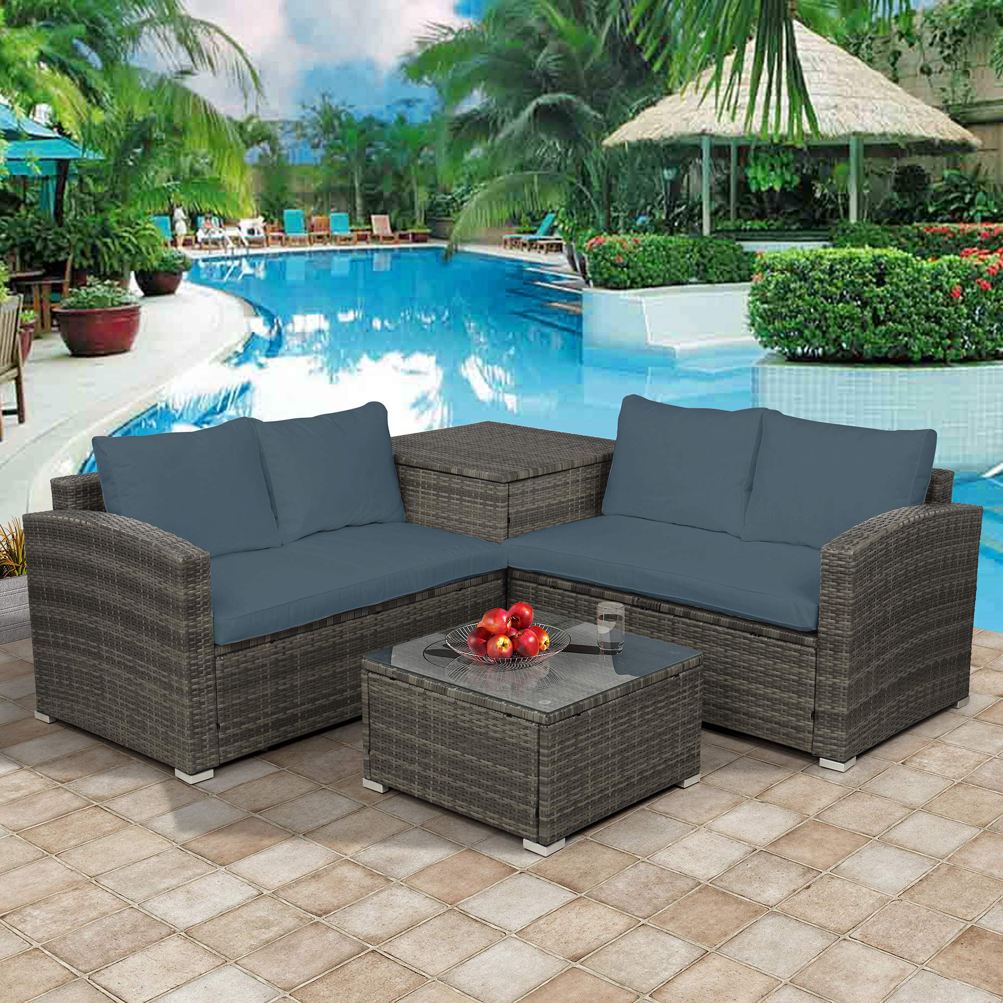 Rhomtree 4-Piece Outdoor Patio Furniture Set - Gray Wicker Sectional Sofa with Rattan Chairs & Table - Perfect for Backyard, Garden, Poolside & Patio Conversations