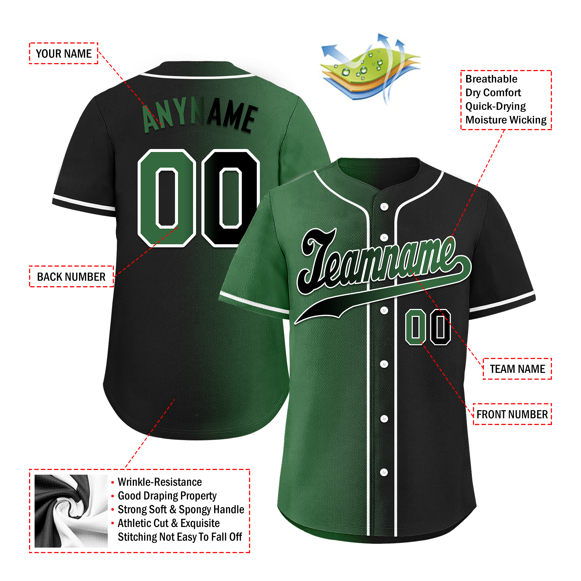 Custom Green Black Gradient Personalized Baseball Jersey - Authentic Fashion Sports Apparel BSBJ01 D0a707c - Perfect for Baseball Games, Team Uniforms & Fan Gear