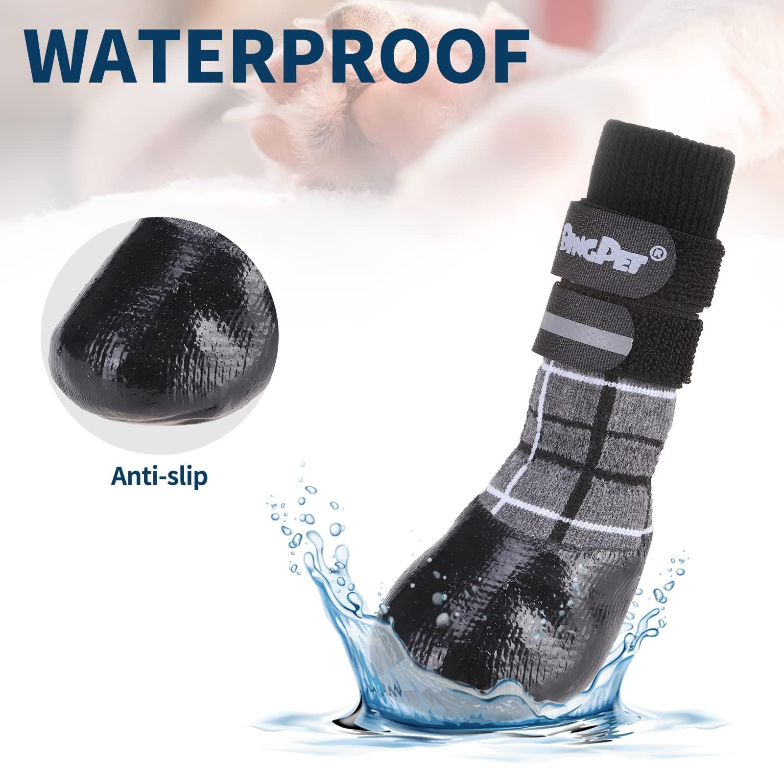 BINGPET Anti-Slip Dog Boots - Waterproof Dog Shoes with Reflective Straps for Hot Pavement, Hardwood Floors Protection - Paw Protector Socks for Small, Medium & Large Dogs - Prevent Licking & Injuries - Perfect for Walking, Hiking & Indoor Use