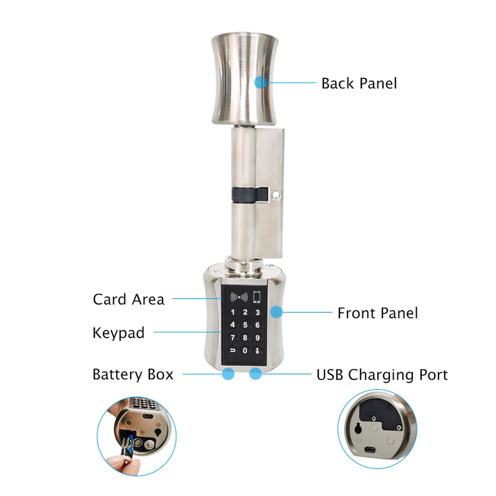Smart Electronic Door Lock - Stainless Steel & Brass Keyless Cylinder Lock with Emergency Interface for Wooden/Iron Security Doors | Low Power Consumption | Ideal for Homes, Apartments & Offices